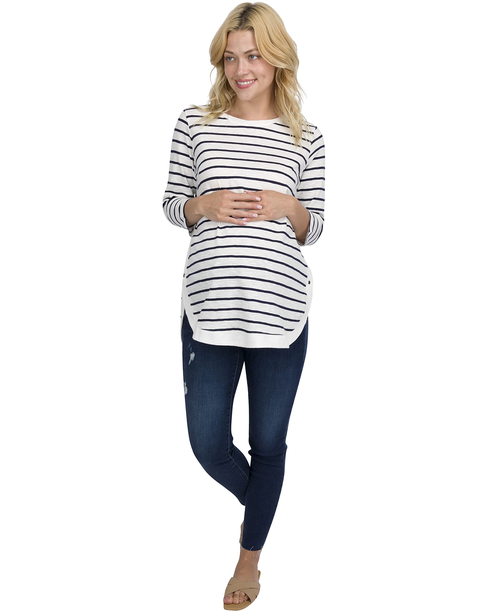 Striped Side-Button Maternity Nursing Long Sleeve Top - Lightweight Pregnancy Shirt & Blouse for Office Work - Comfortable Breastfeeding Clothes for Professional Women | Perfect for Business Meetings, Office Wear and Nursing Moms