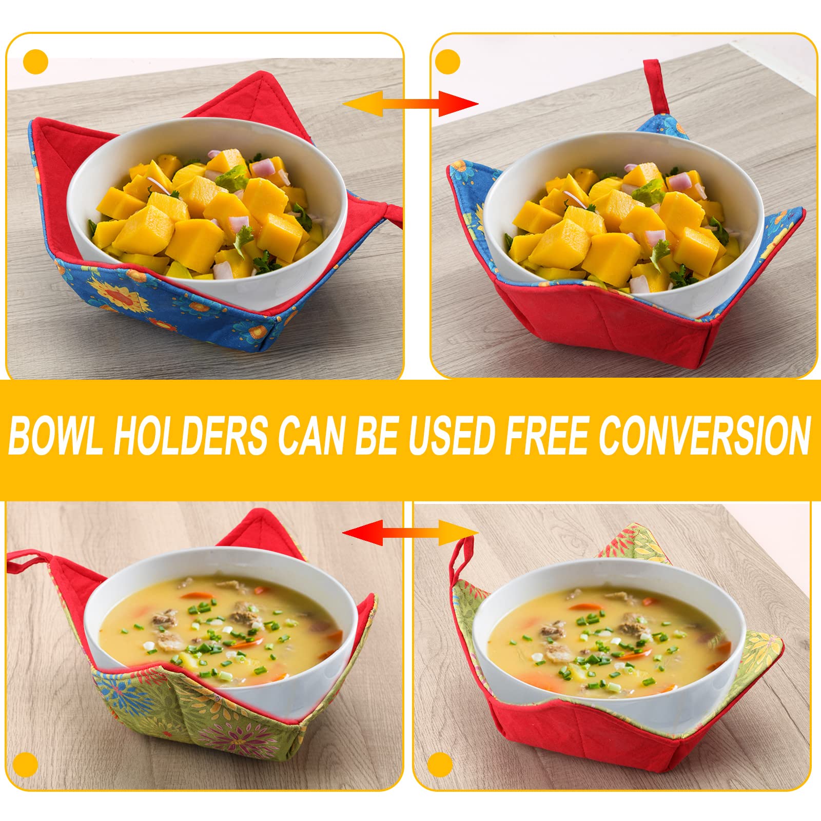 Microwave Safe Bowl Cozy Set of 2 - Heat Resistant Hot Soup Bowl Holders & Multipurpose Potholders for Hot/Cold Foods - Essential Kitchen Utensils for Microwave, Oven & Meal Prep (Green & Blue)