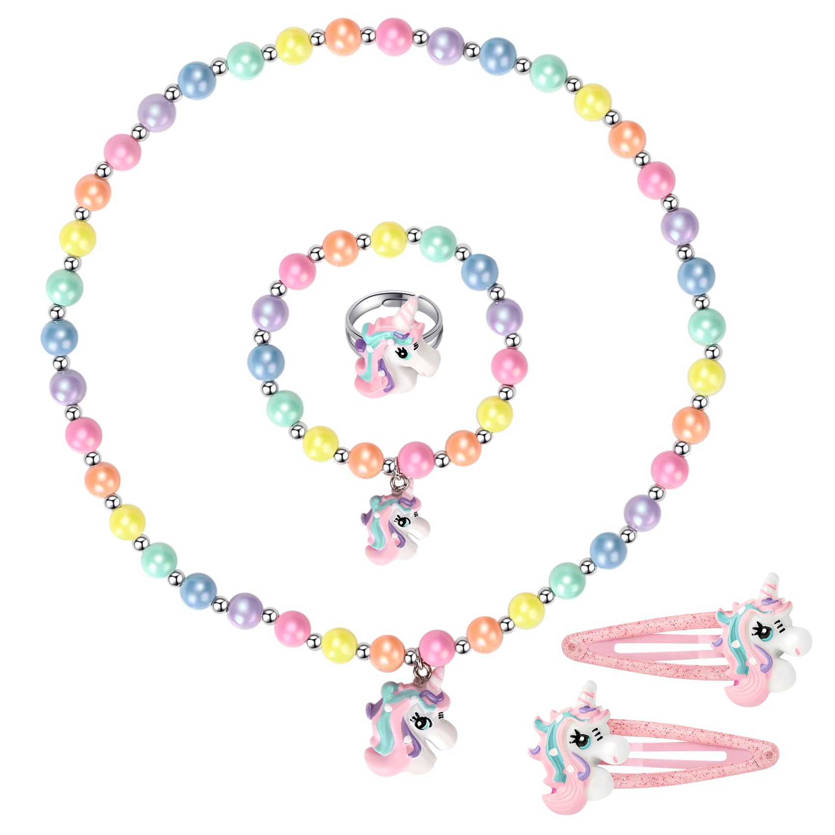 Unicorn Stretch Necklace & Bracelet Set with Hair Clips for Toddler Girls - Princess Jewelry Accessories Gift for Birthday Party Favors | Perfect for Dress-Up, Tea Parties & Special Occasions