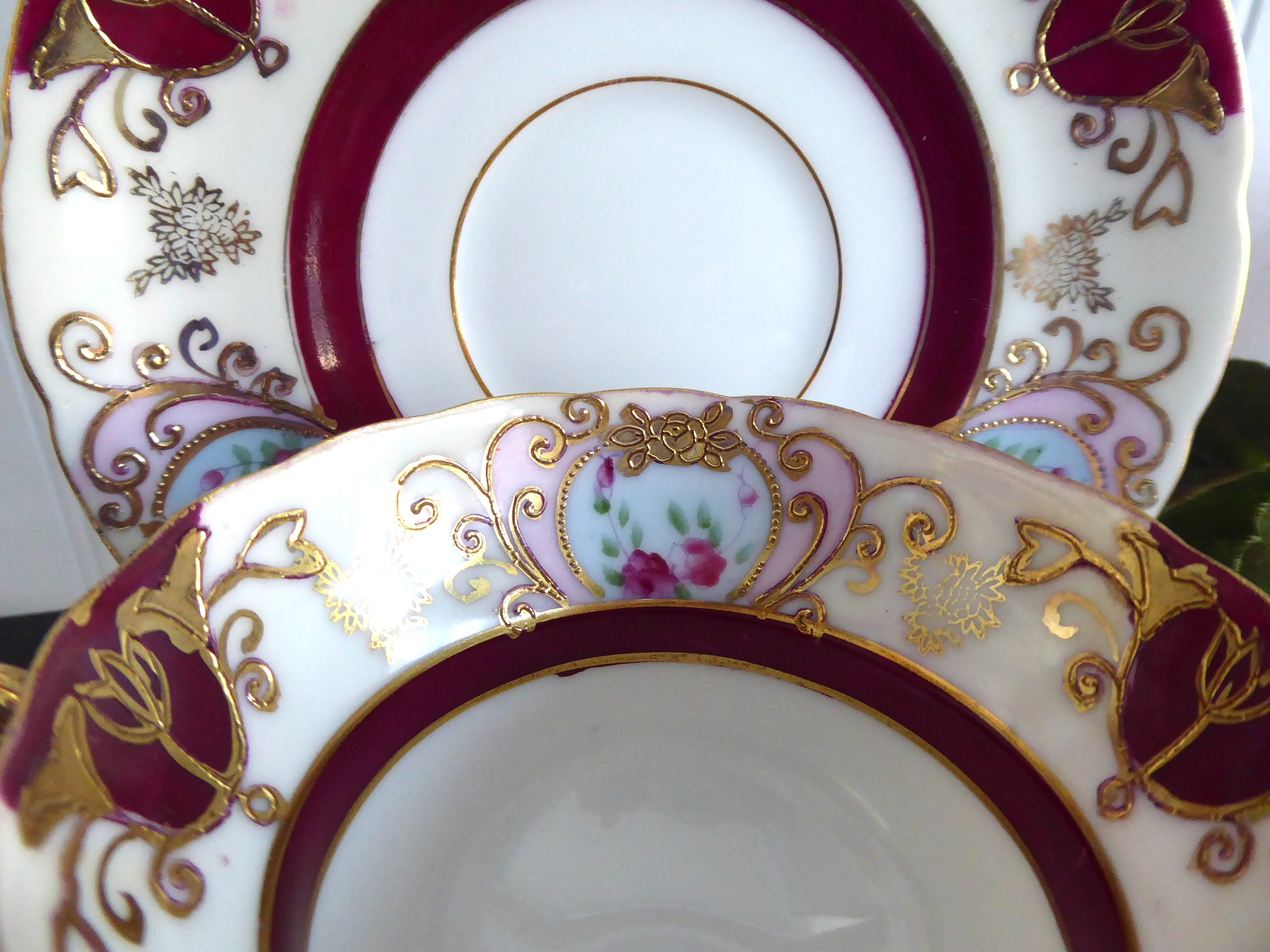 Vintage 1950s Japanese Hand-Painted Cup and Saucer Set - Maroon, Pink & Gold Heart Bouquet Design | Elegant Tea Time, Collectible Tableware, Gift for Tea Lovers