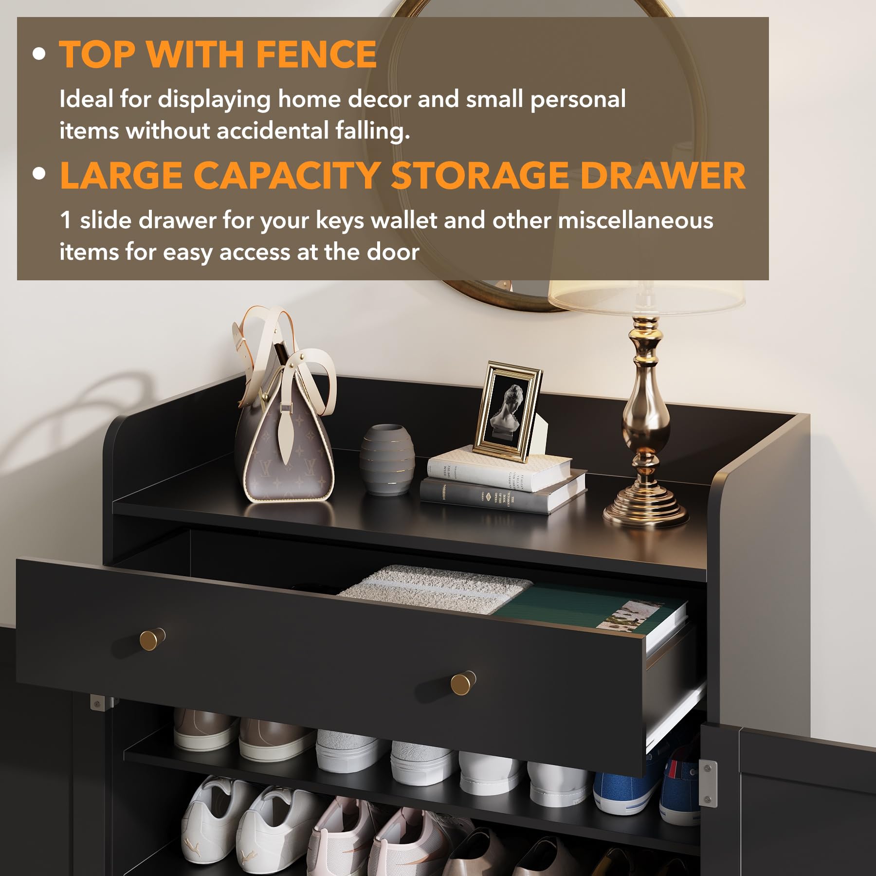Maupvit 20-Pair Shoe Storage Cabinet with Doors & Drawers - Adjustable Shelves, Metal Legs - 43
