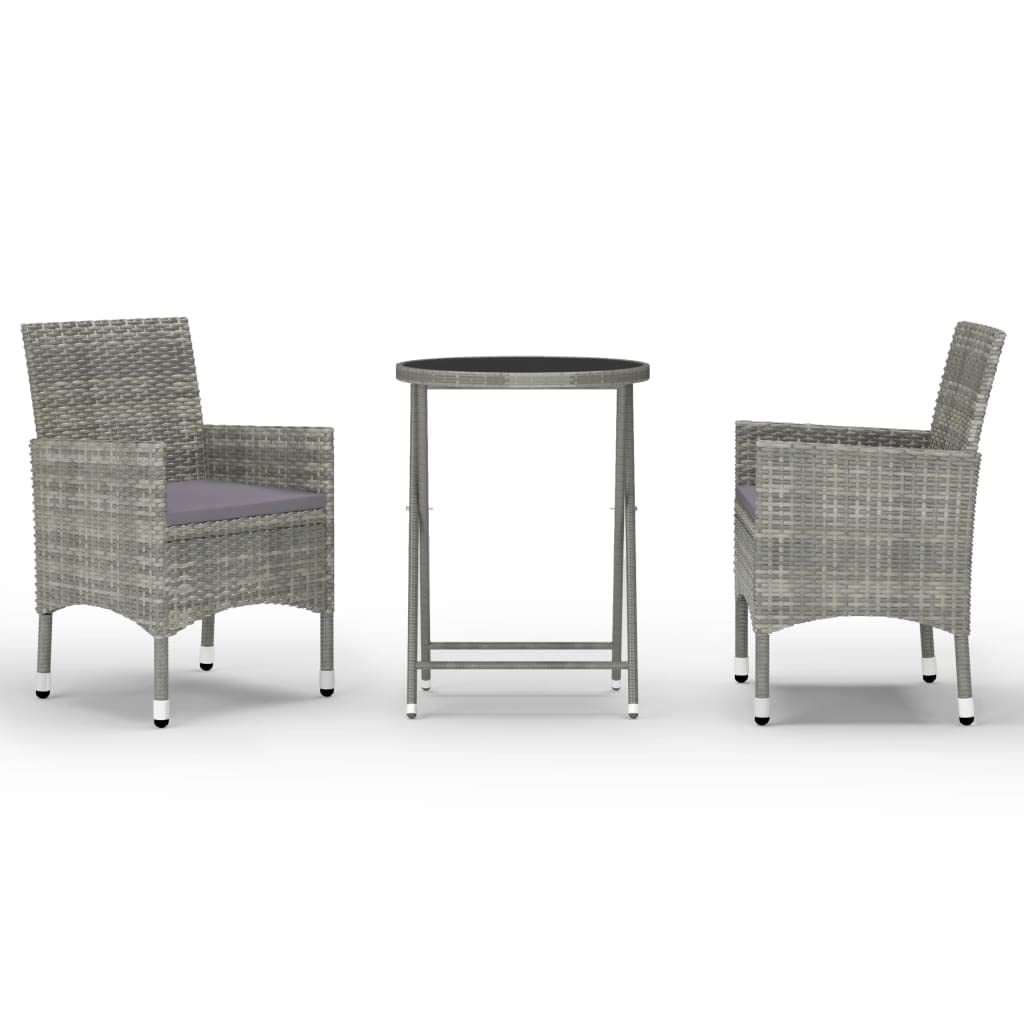vidaXL 3-Piece Patio Bistro Set - Outdoor Bistro Table with 2 Chairs, Modern Poly Rattan & Tempered Glass Furniture for Porch, Deck, Garden or Balcony - Gray Contemporary Dining Set for Coffee, Breakfast and Relaxing Outdoors