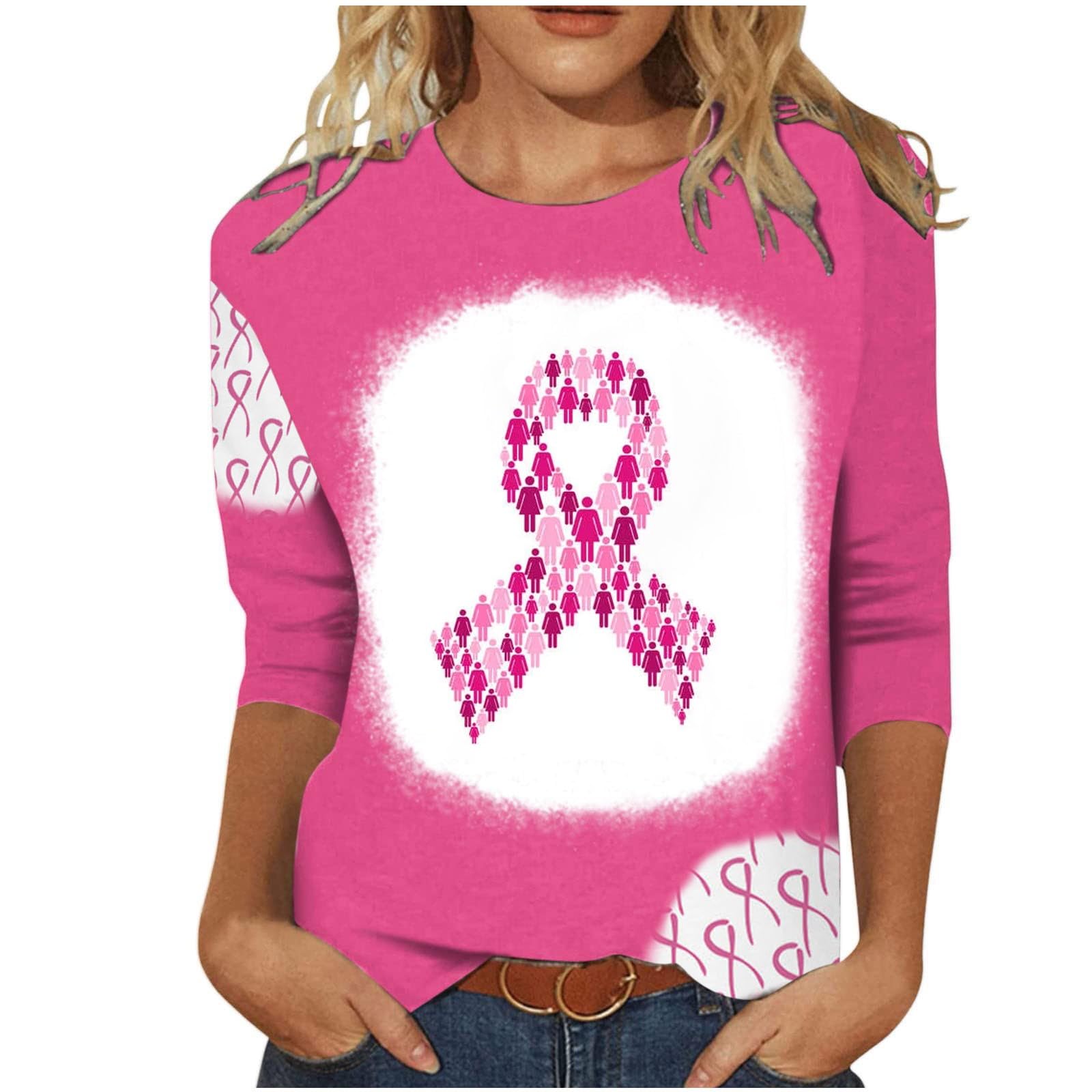 Pink Breast Cancer Awareness Shirts for Women - 3/4 Sleeve Ribbon Print Tees with Crew Neck | Comfortable Tops for Survivors, Supporters & Fundraising Events