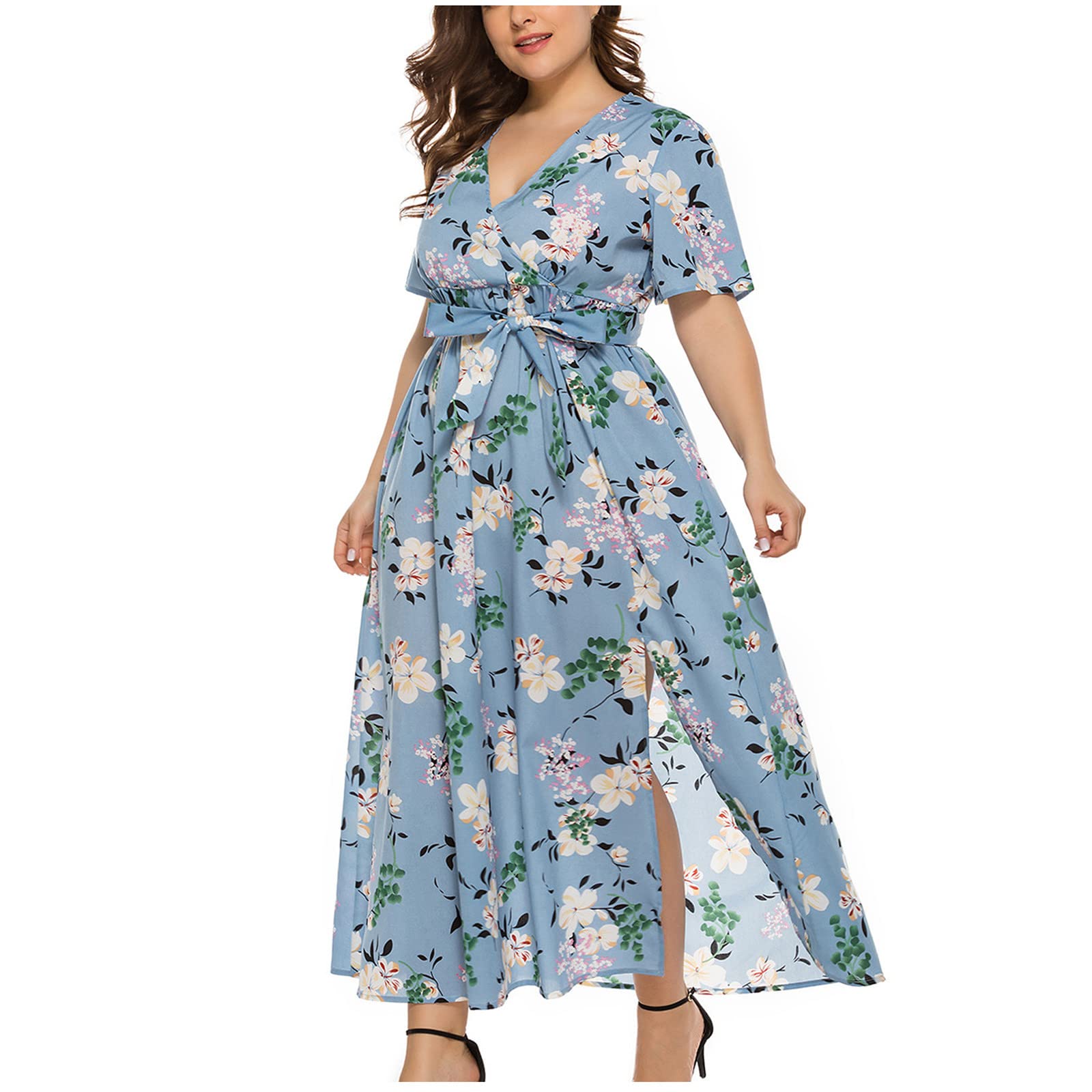 Boho Summer Dress for Women Plus Size - Sexy Wrap V Neck Short Sleeve Floral Print Maxi Long Dress with Belt | Beach Wedding, Vacation & Casual Outfit