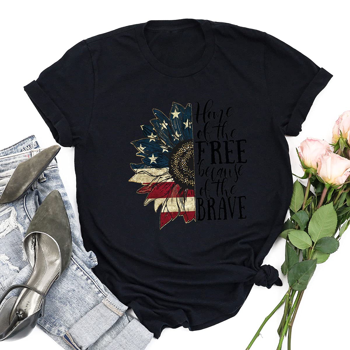 Fast Delivery Patriotic USA Flag T-Shirt - Home of The Free Because of The Brave Shirt, American Sunflower Design | Perfect for 4th of July, Veterans Day & Patriotic Events