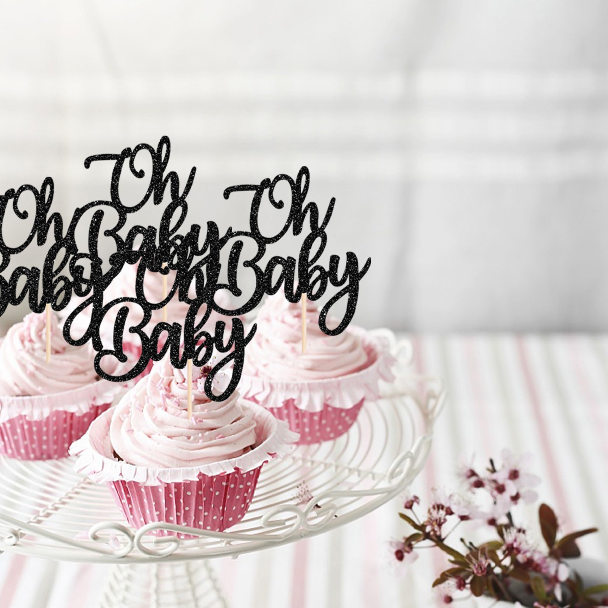 24 Pack Oh Baby Glitter Cupcake Toppers - Baby Shower, Baptism & Birthday Party Cake Decorations for Boys & Girls - Food Safe Toothpicks - Perfect for Gender Reveal, 1st Birthday & Nursery Themed Celebrations