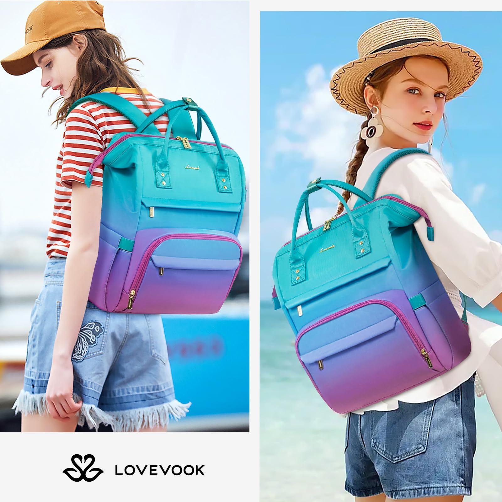 LOVEVOOK Gradient Laptop Backpack for Women - 15.6 Inch Anti-Theft Waterproof Work Computer Bag, Stylish College Teacher Travel Backpack in Green-Red, Perfect for Commuting, School, and Business Trips