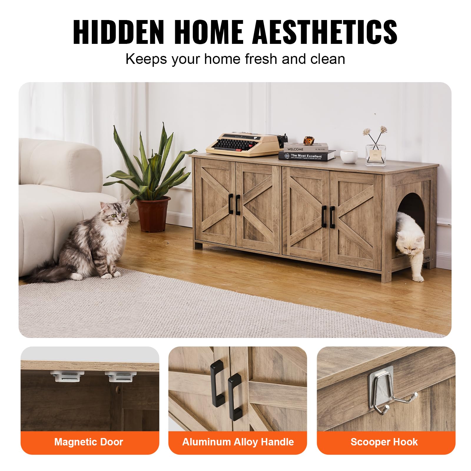 VEVOR Wooden Cat Litter Box Enclosure Cabinet for 2 Cats - Double Room Hidden Litter Box Furniture (47.2
