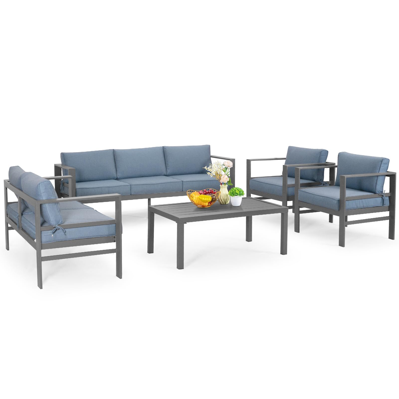 5-Piece Cast Aluminum Outdoor Patio Furniture Set - Grey Frame & Blue Cushions - Modern Metal Conversation Sofa Set for Backyard, Garden, Poolside or Deck Relaxation