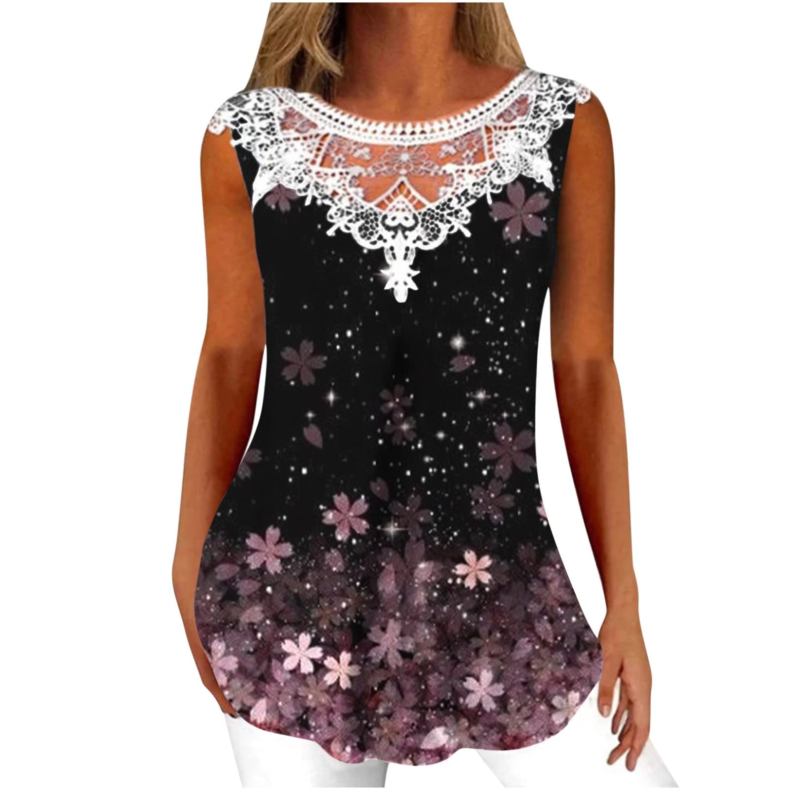 Oelaio Women's Loose Fit Lace Summer Tank Top - Scoop Neck Sleeveless Hollow Out Tunic with Trendy Printed Curved Purple Design | Perfect for Beach Outfits, Casual Wear & Summer Vacation