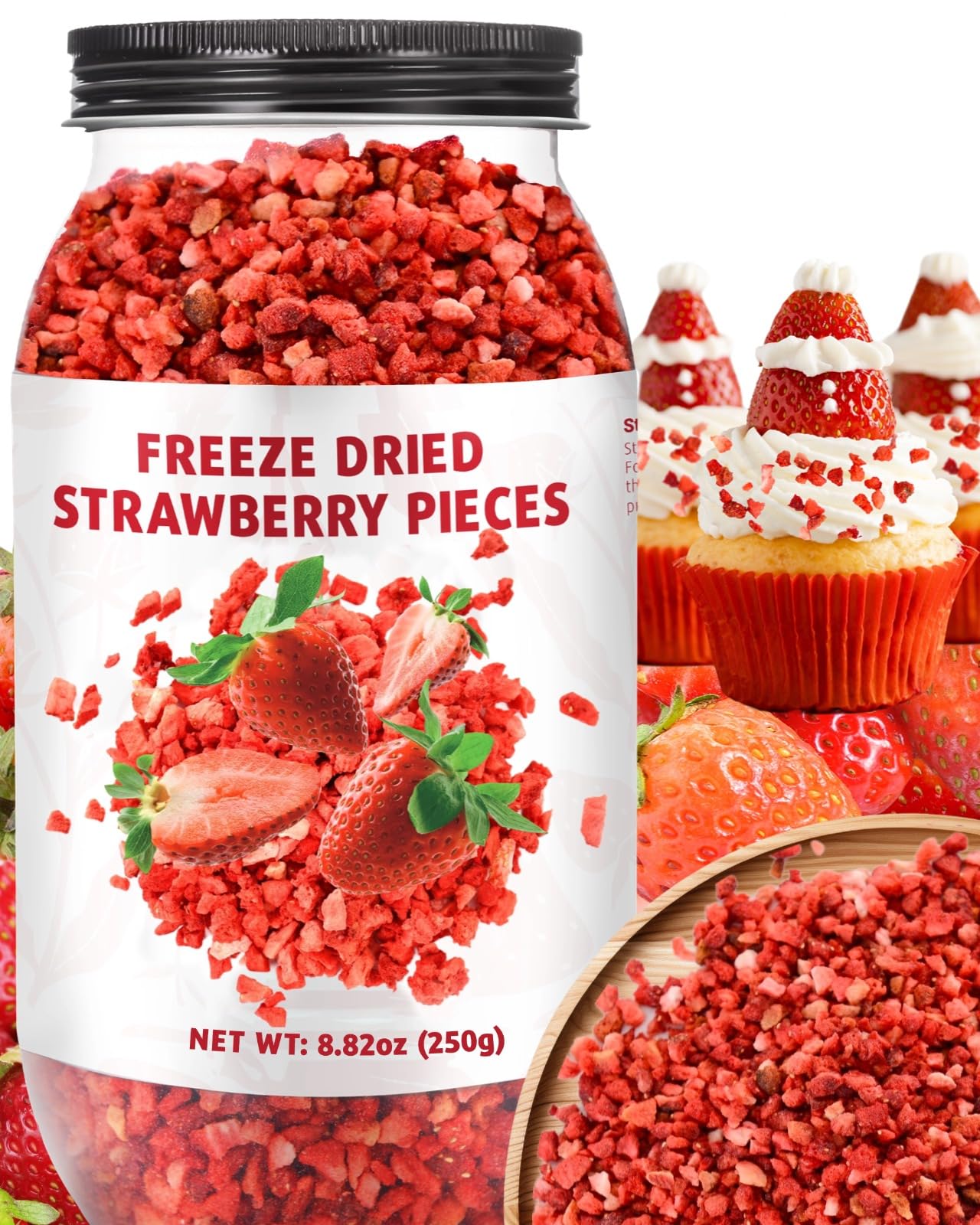 Premium Freeze Dried Strawberries - 8.82oz (250g) 100% Natural, Gluten-Free, Allergen-Free, Non-GMO Dried Strawberry Pieces for Snacks, Baking, Smoothies, Yogurt Topping & Camping Food - Sweet & Crunchy Strawberry Flakes