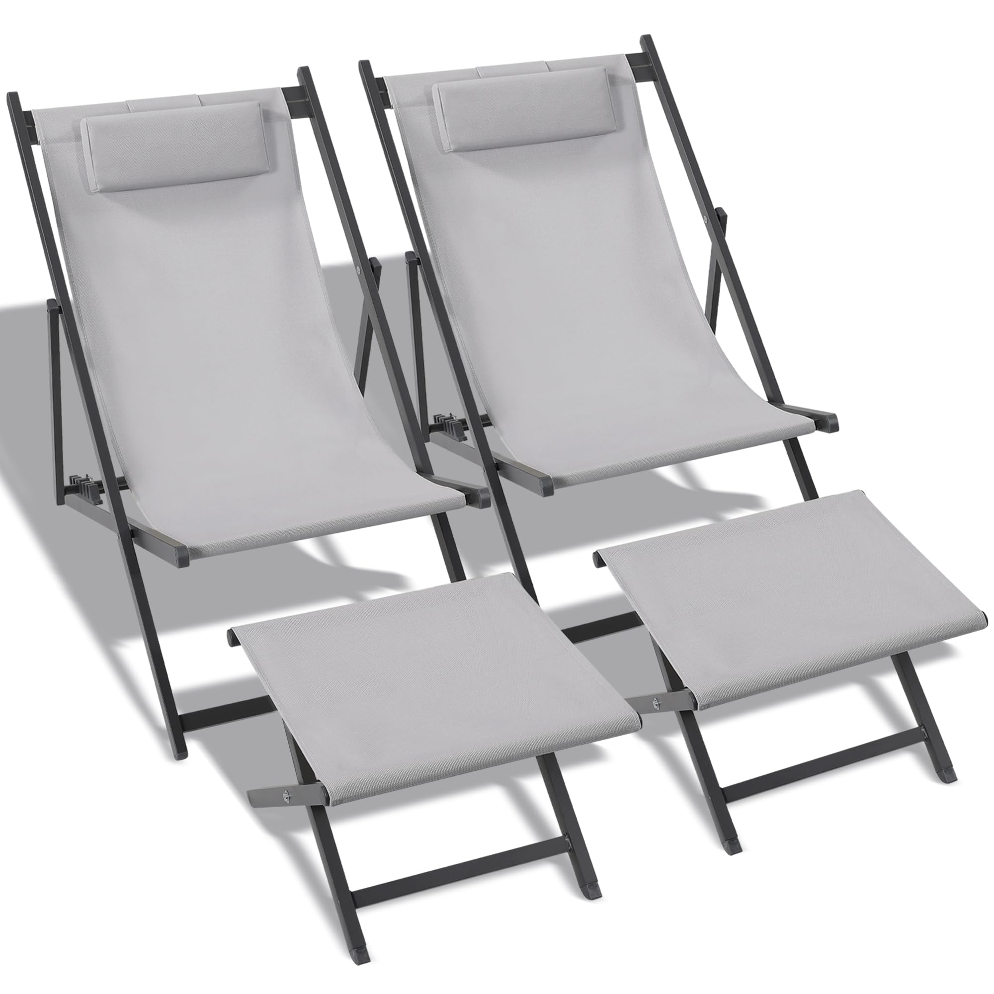 Set of 2 Outdoor Patio Sling Chairs with Matching Ottomans - Lightweight Foldable Aluminum Frame - Perfect for Deck, Poolside or Beach Relaxation - Grey - Great for Backyard Lounging, Vacation Homes & Summer Outdoor Gatherings