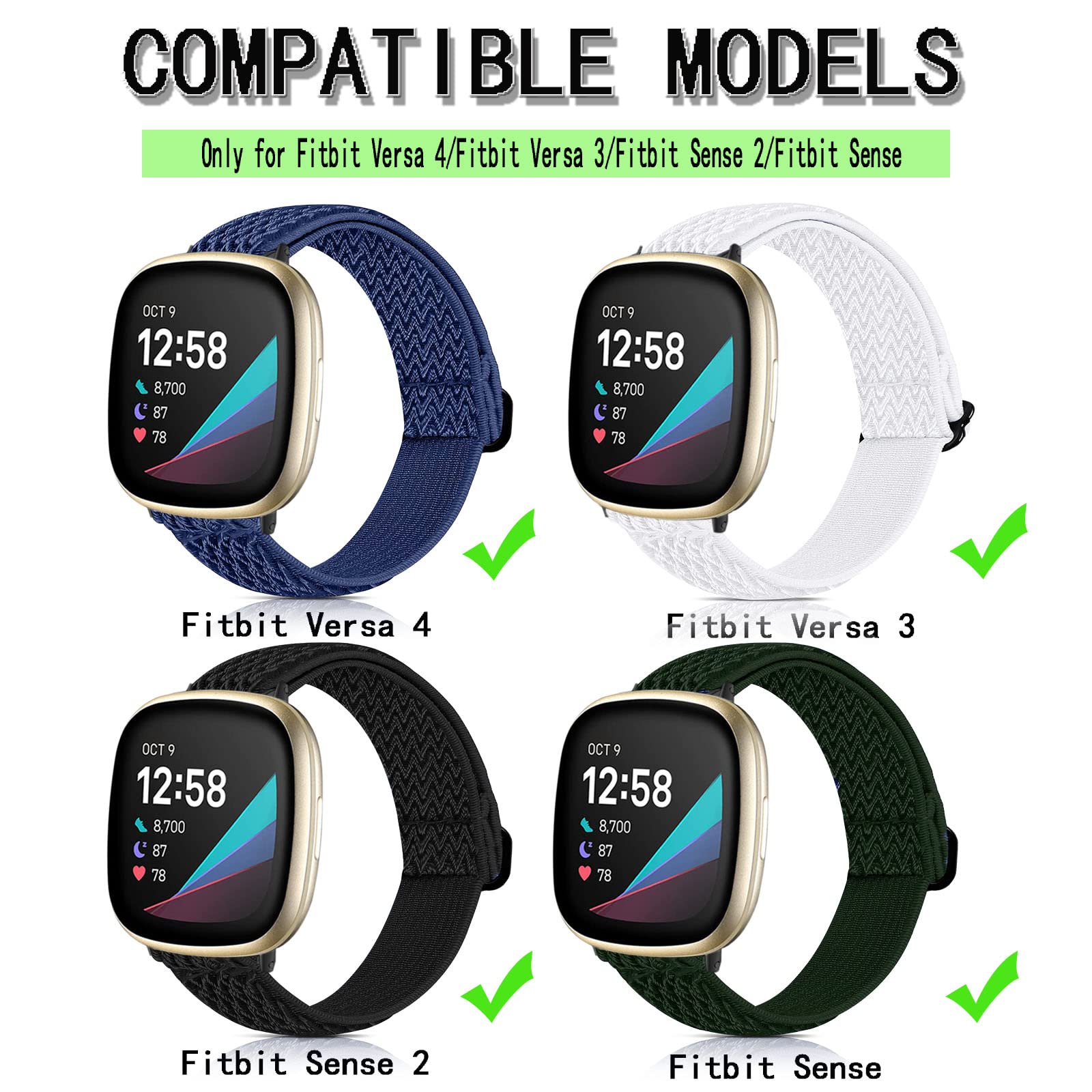 Stretchy Nylon Replacement Bands for Fitbit Versa 3/4 & Sense/Sense 2 - Soft Adjustable Sport Strap for Men & Women - Perfect for Workouts, Running & Everyday Wear