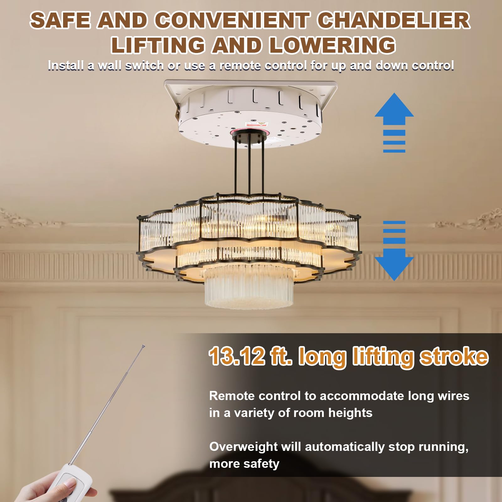 110LBS 13.12FT Motorized Chandelier Hoist Lift System with 2-in-1 Wall Switch & Remote Control - Heavy Duty Electric Ceiling Light Lifter for High Ceilings - Perfect for Villas, Churches, and Large Halls