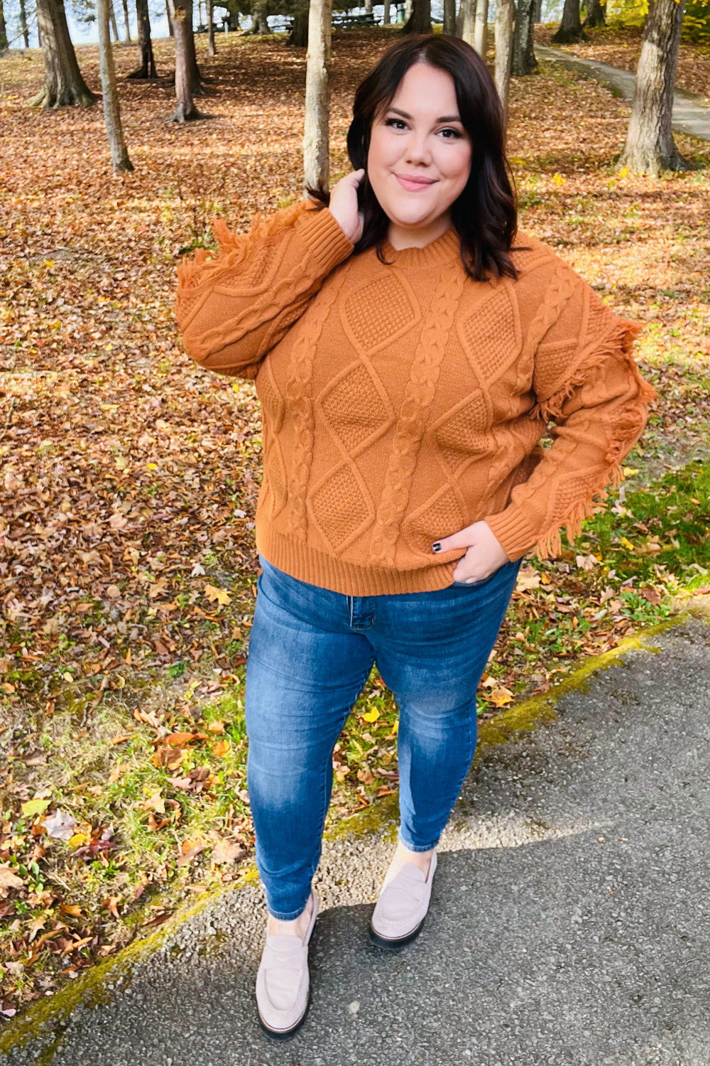 Joyful Days Rust Cable Knit Tassel Fringe Sweater for Women - Cozy Autumn Winter Pullover with Boho Chic Style | Perfect for Fall Outfits, Holiday Parties & Casual Wear