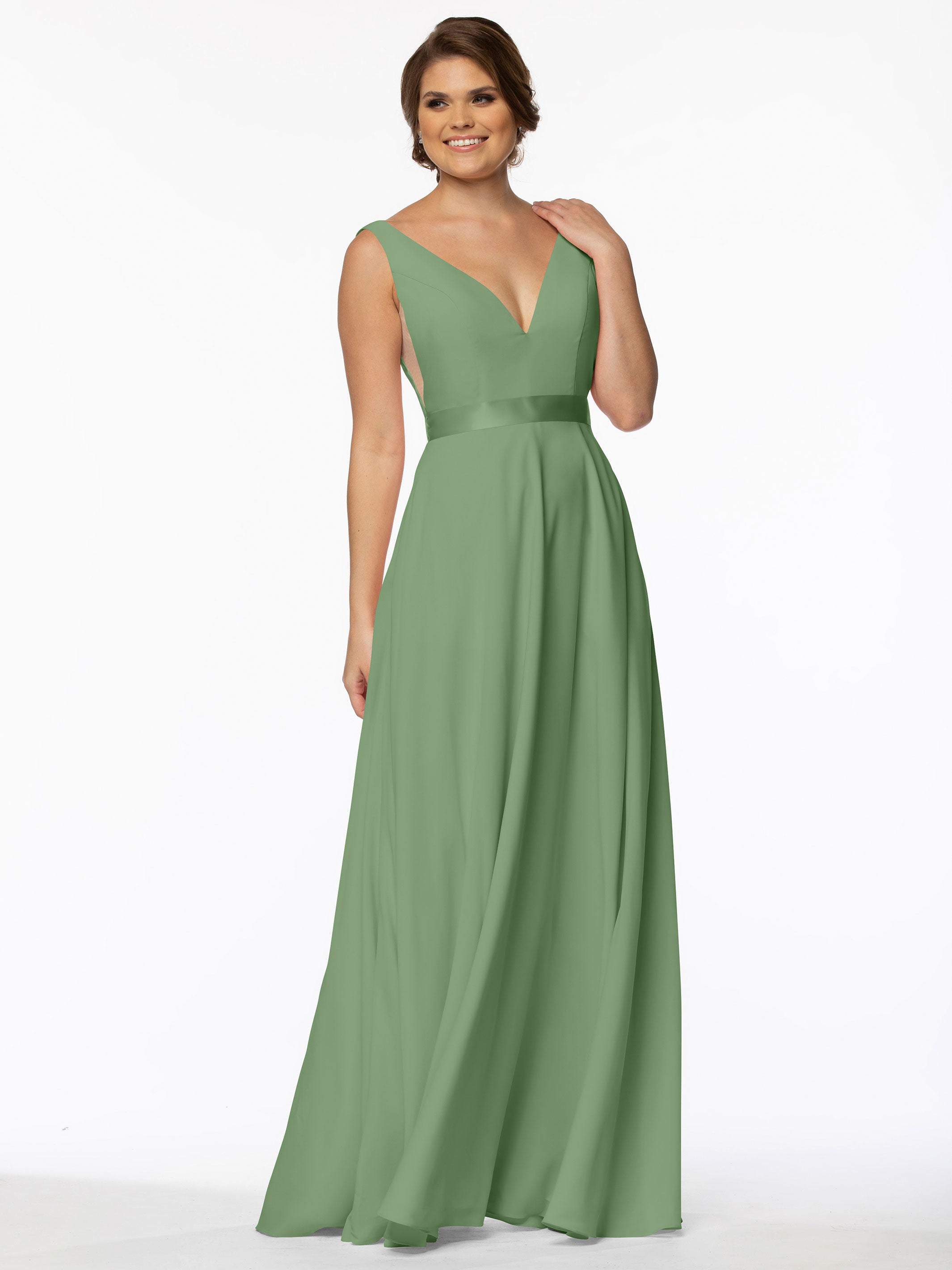 Elegant 80117 Stretch Chiffon A-Line Bridesmaid Dress with V-Neck & Sash - Perfect for Weddings, Formal Events & Special Occasions