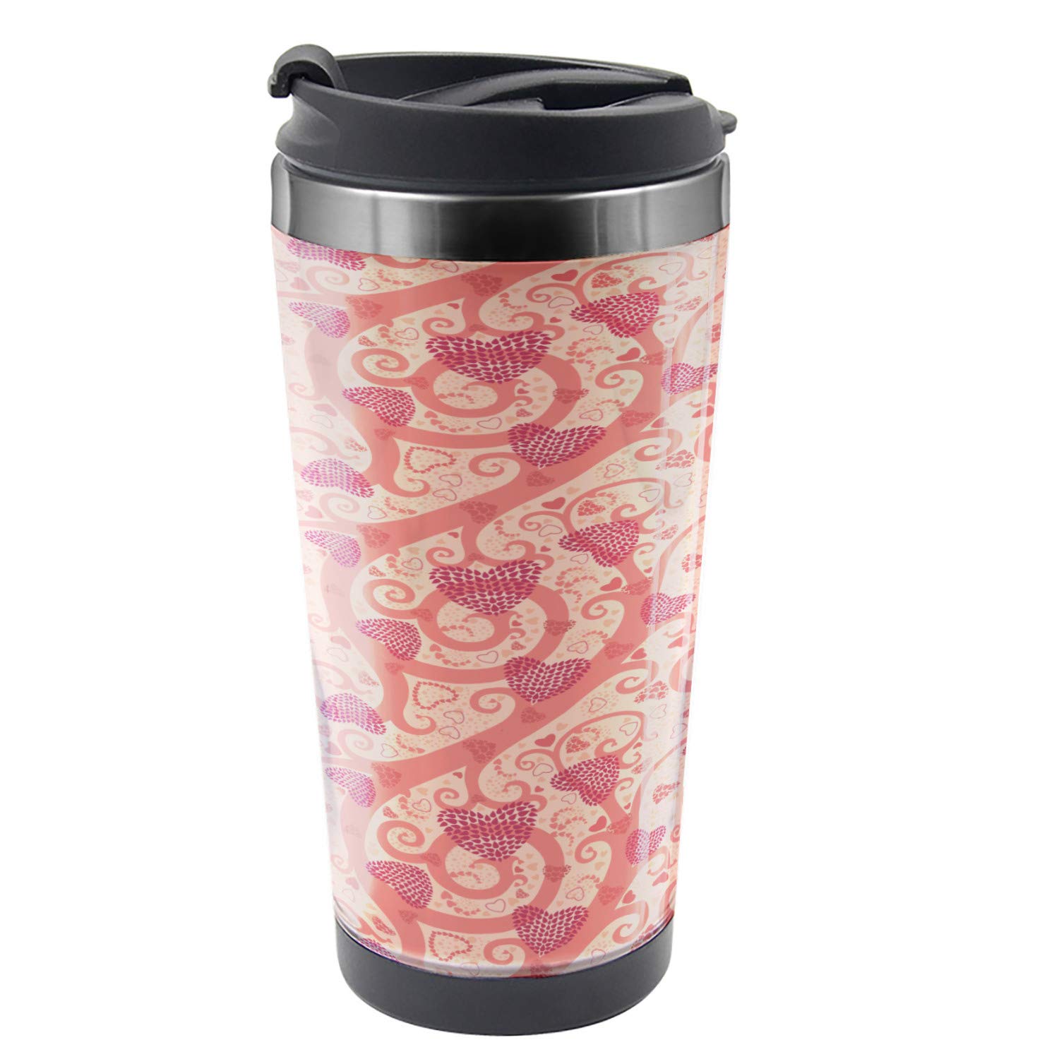 Ambesonne Romantic Travel Mug with Heart Love Design - 16 oz Stainless Steel Thermal Cup in Coral Pale Peach Pink - Perfect for Coffee, Tea & Hot Drinks on the Go, Office, Commute & Travel