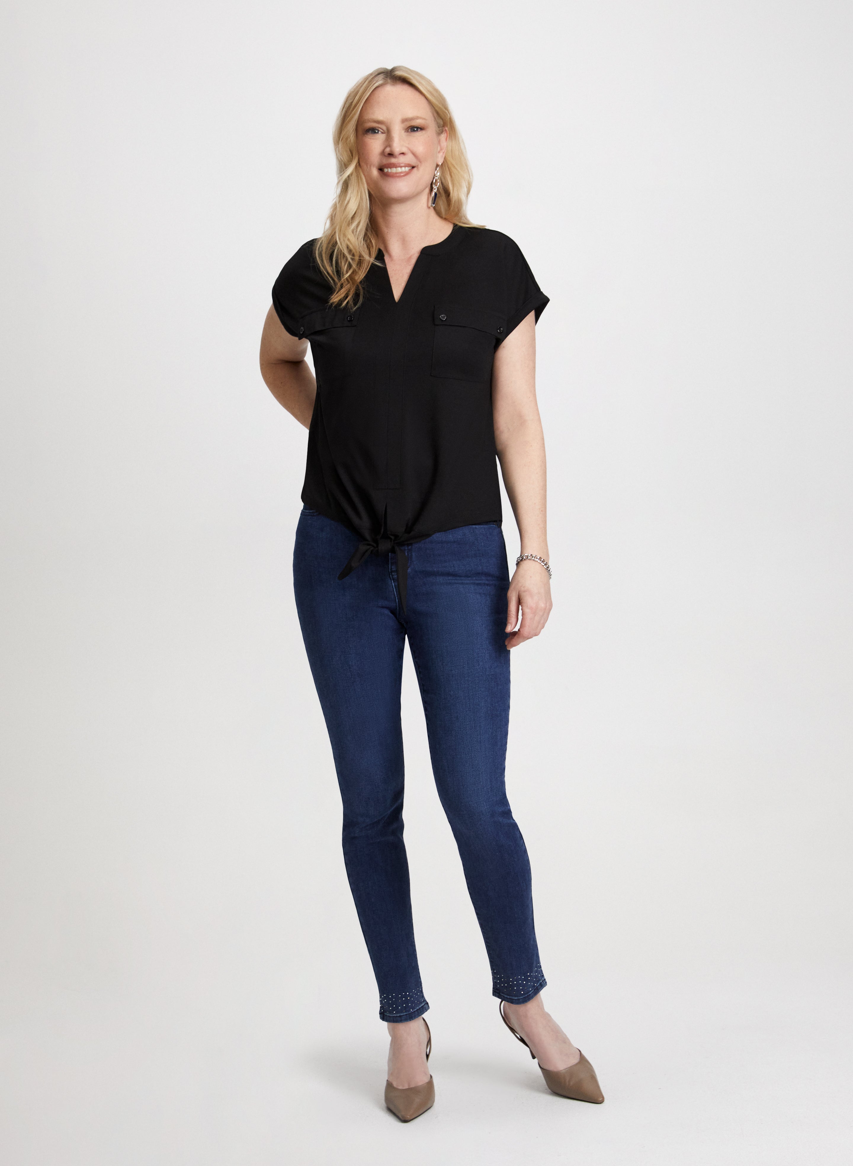 Stylish Flap Pocket Top with Bow Detail & Straight Leg Jeans for Women | Casual Outfit for Daily Wear, Date Night & Office