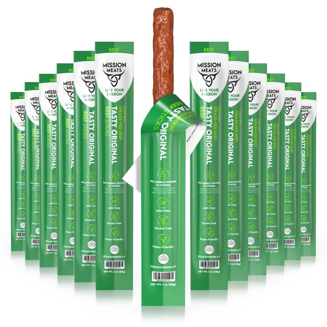 Mission Meats Beef Sticks – 100% Grass Fed & Pasture Raised, Zero Sugar, Gluten Free, Keto & Paleo Friendly, Healthy Protein Snacks, Individually Wrapped (Pack of 48) – Perfect for Hiking, Travel & On-the-Go Nutrition