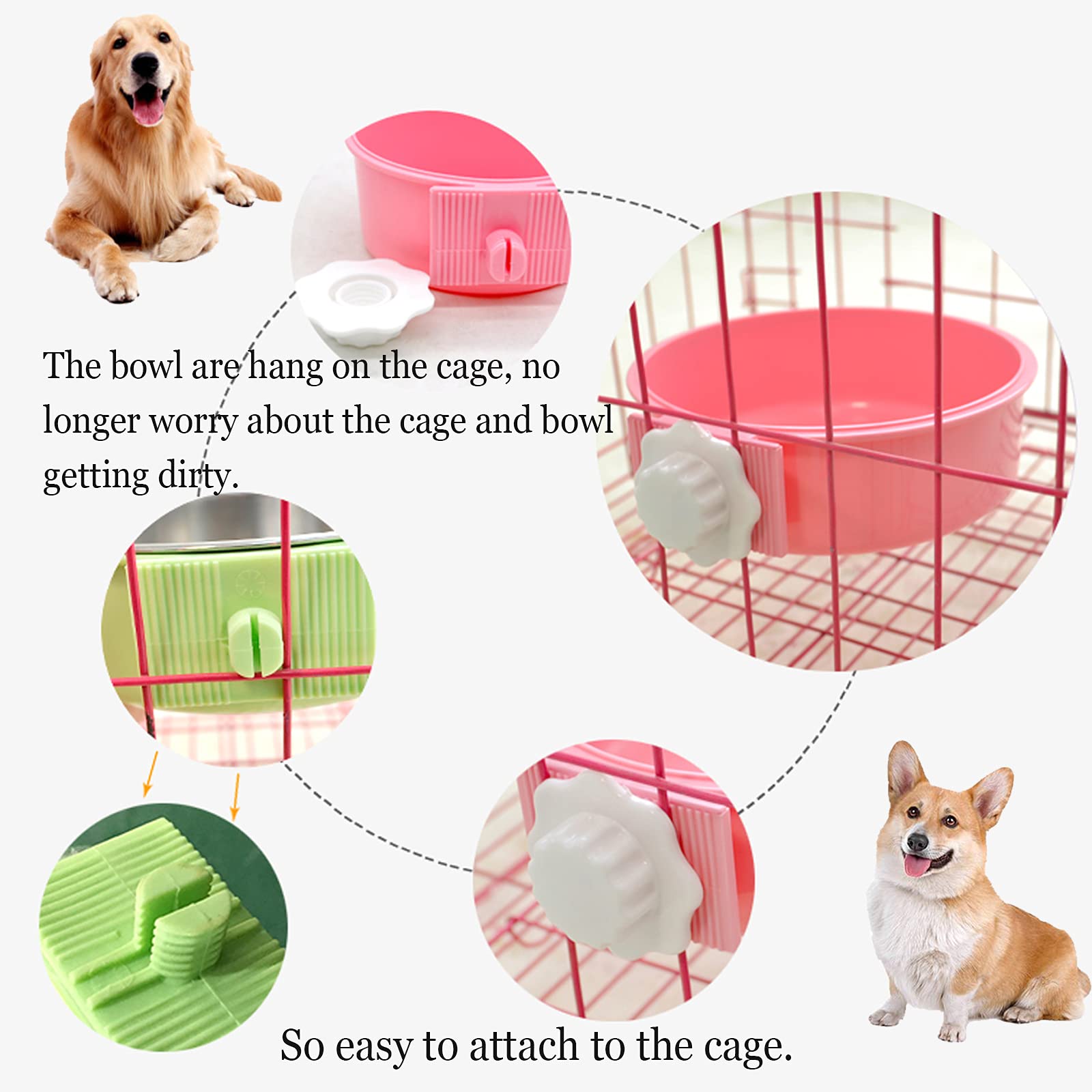 Kathson Removable Stainless Steel Hanging Pet Bowl - 2 Pack Green & Pink Cage Feeder for Dogs, Cats, Puppies, Birds, Rats & Guinea Pigs | Perfect for Kennels, Cages & Outdoor Use