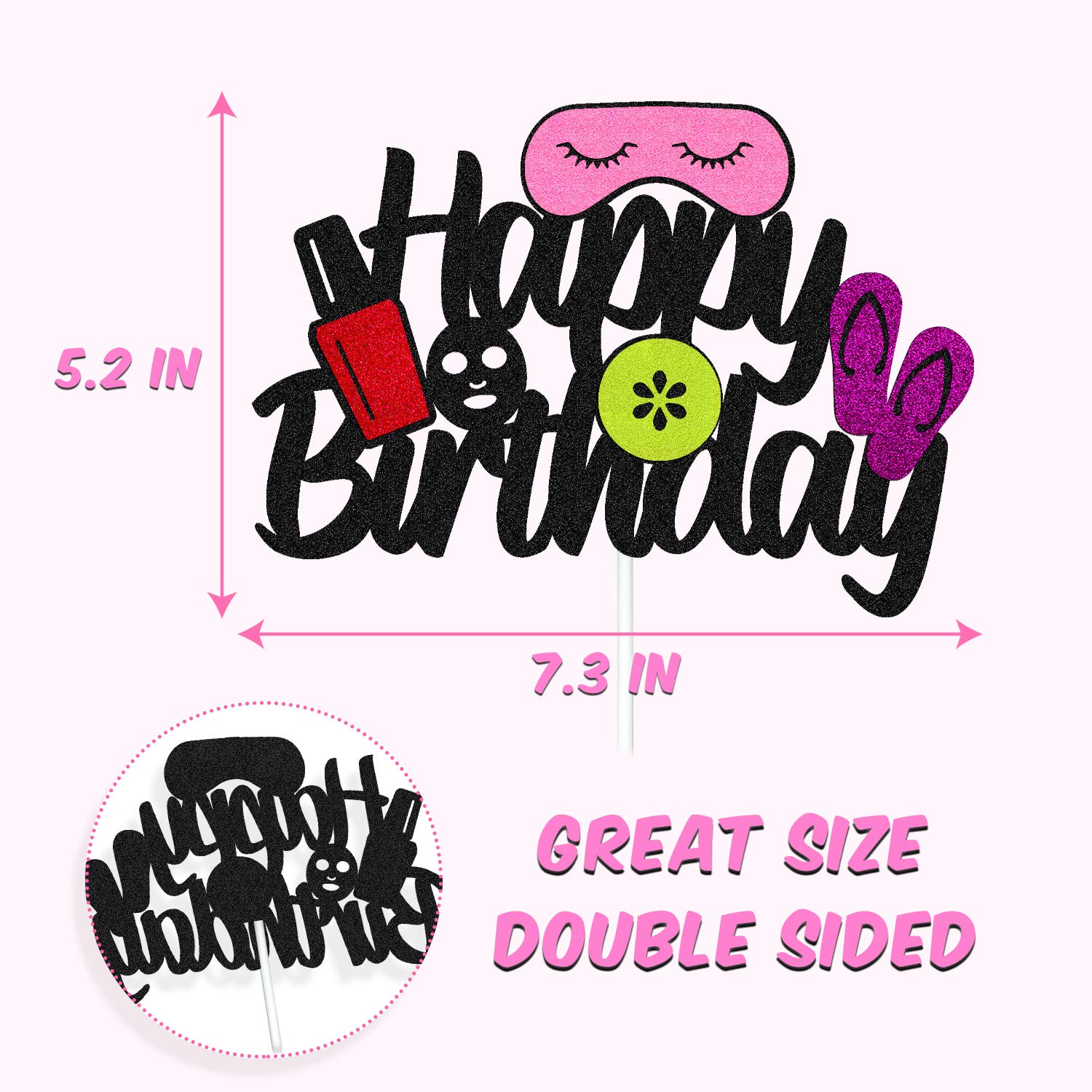 Spa Cake Topper for Birthday Party - Black Glitter Décor for Women's Spa Theme Celebration