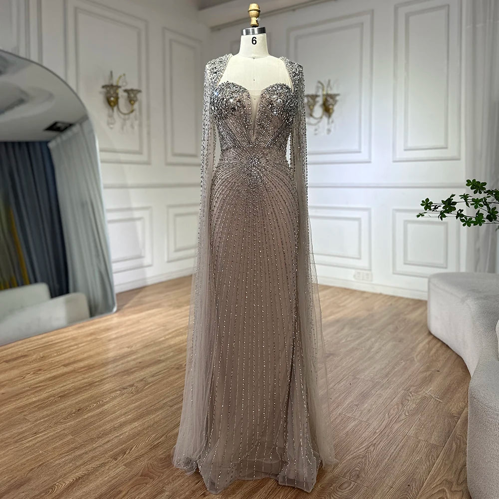 Luxury Dubai Arabic Silver Beaded Evening Gown for Women - Elegant Nude Cape Sleeves Wedding Party Dress LA72575 | Perfect for Bridal Showers, Red Carpet Events & Formal Occasions
