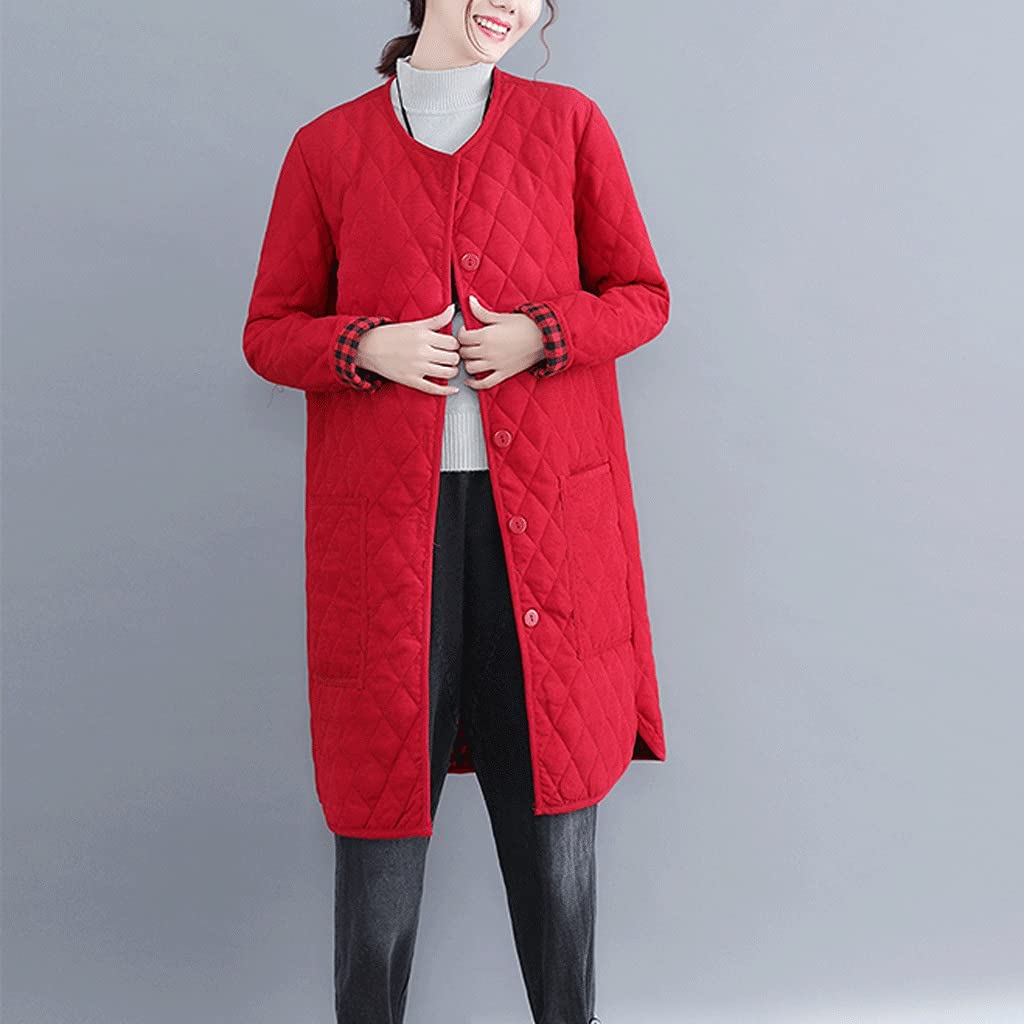 Women's Autumn Winter Jacket - Warm Cotton Padded Long Oversized Coat with Plaid Lining (Red, XL) | Cozy Outerwear for Cold Weather & Casual Outings