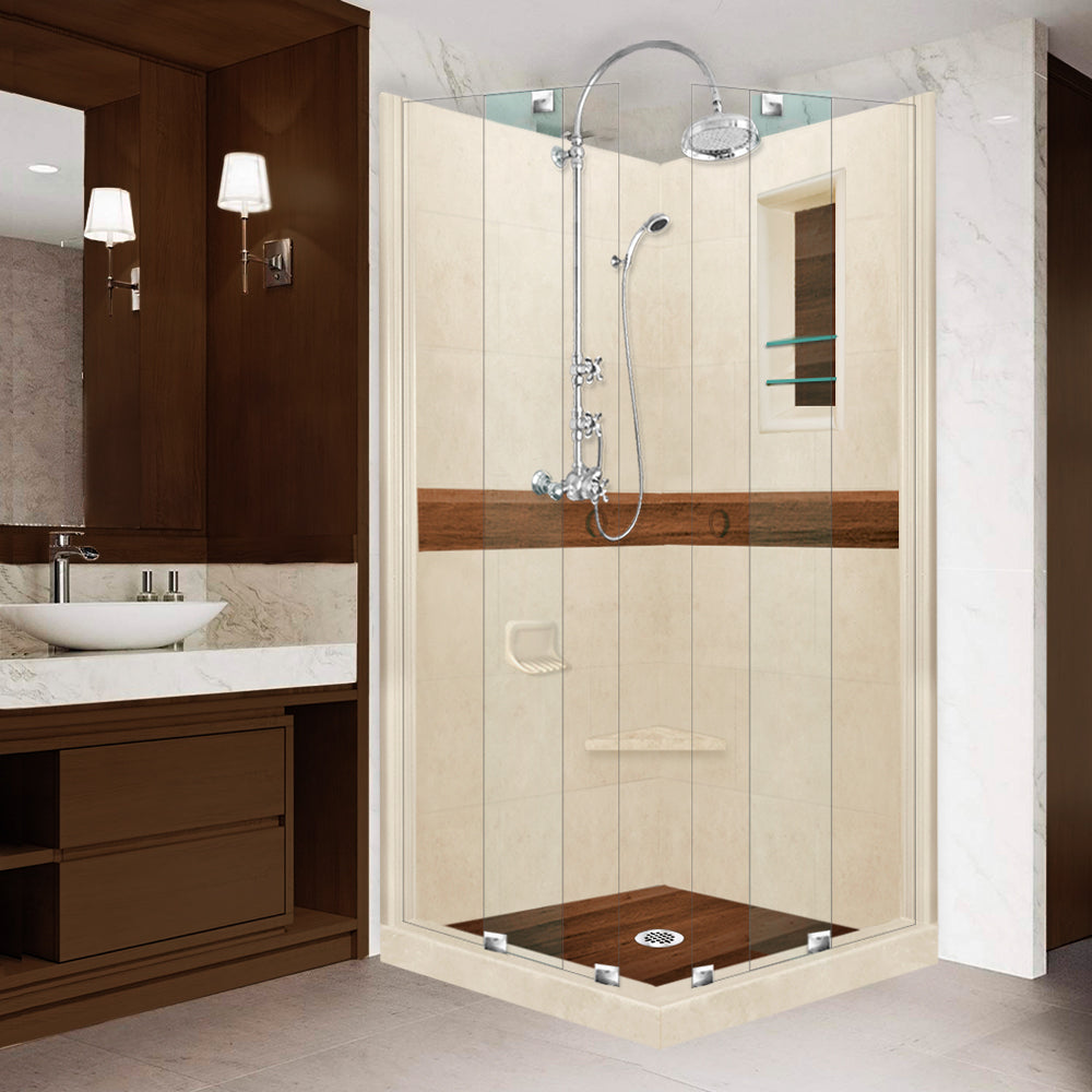 DIY Shower Remodel Kit - Corner Desert Sand Sistine Stone & Burnt Oak Wood Accent Panel for Bathroom Renovation | Waterproof & Easy Installation | Perfect for Modern Home Spa Upgrades