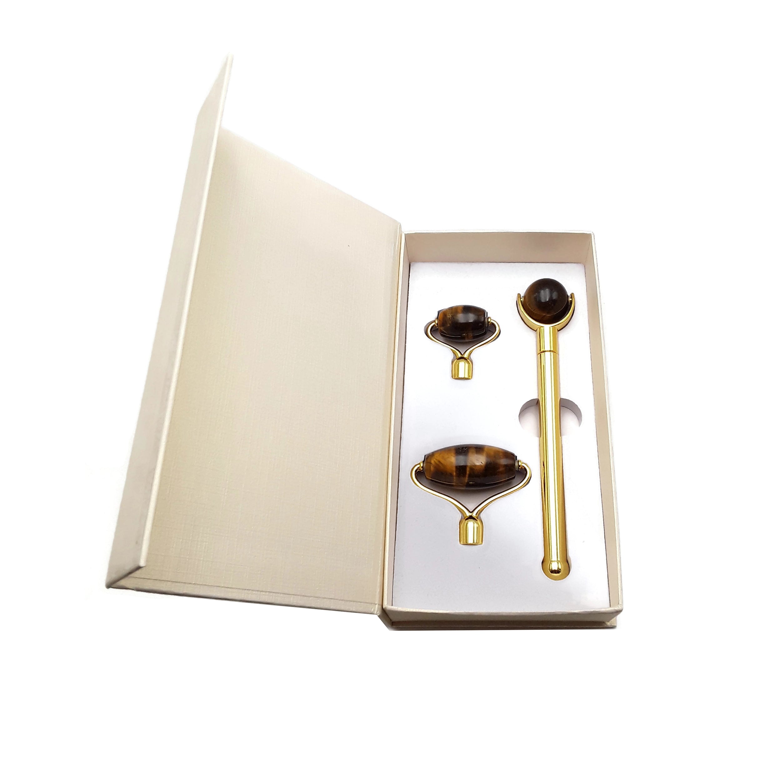 3 in 1 Yellow Tiger Eye Face Massage Roller Kit - Detachable Pieces for Gua Sha, Lymphatic Drainage & Anti-Aging - Perfect for Home Spa & Self-Care Routine