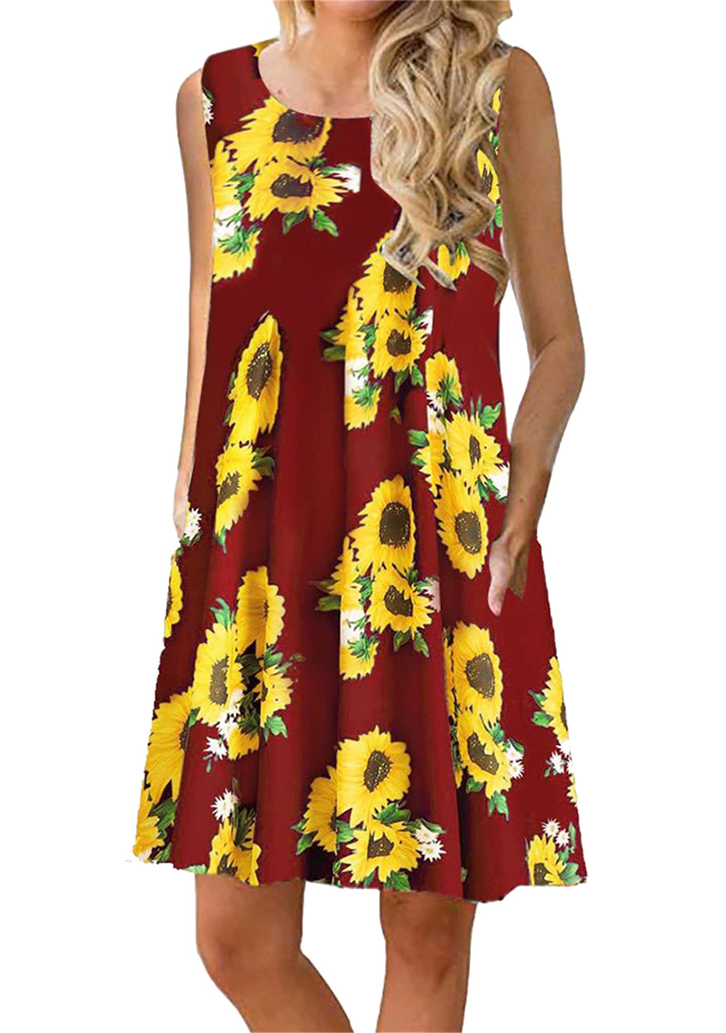 OMZIN Women's Sleeveless Flared Swing Dress - Summer Tank Mini Dress with Pockets | Casual Beach Wear, Vacation Outfit, Party Dress