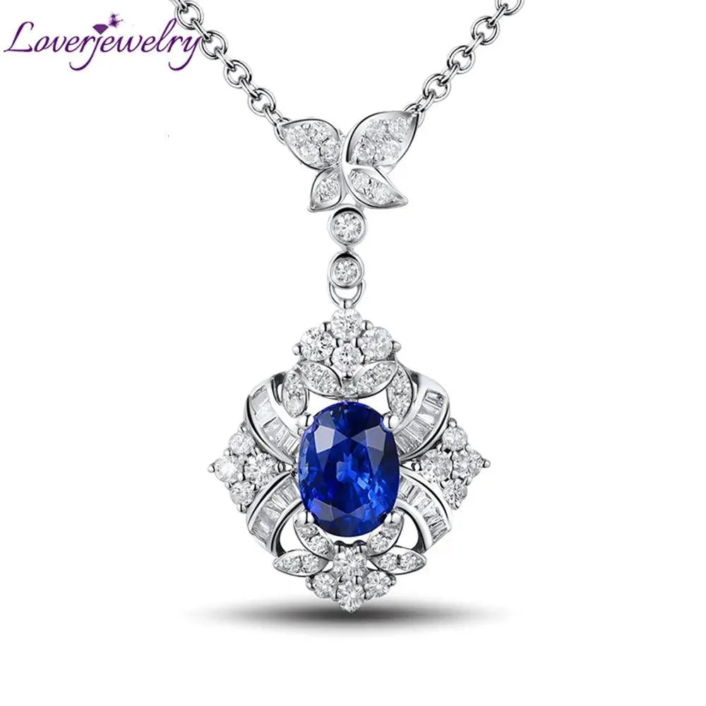 18K White Gold Blue Sapphire Pendant Necklace for Women - Real Natural Sapphire & Diamond Jewelry Gift for Anniversary, Birthday & Special Occasions