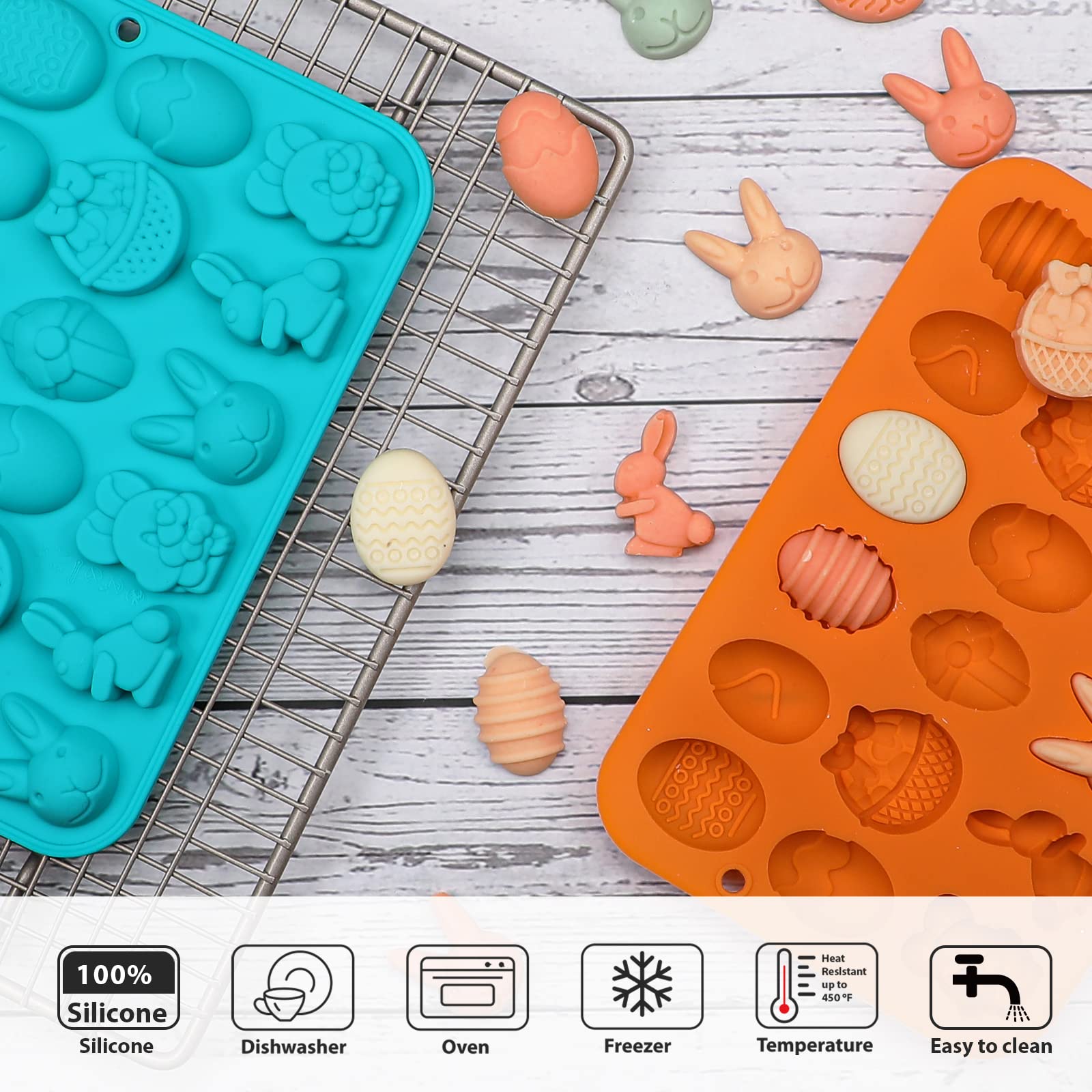 Webake 18-Cavity Silicone Easter Molds - Bunny, Egg & Basket Shapes for Candy, Fondant, Pudding, Jelly, Soap & Cupcake Decorations (Pack of 2) | Perfect for Easter Baking, DIY Crafts & Holiday Party Treats