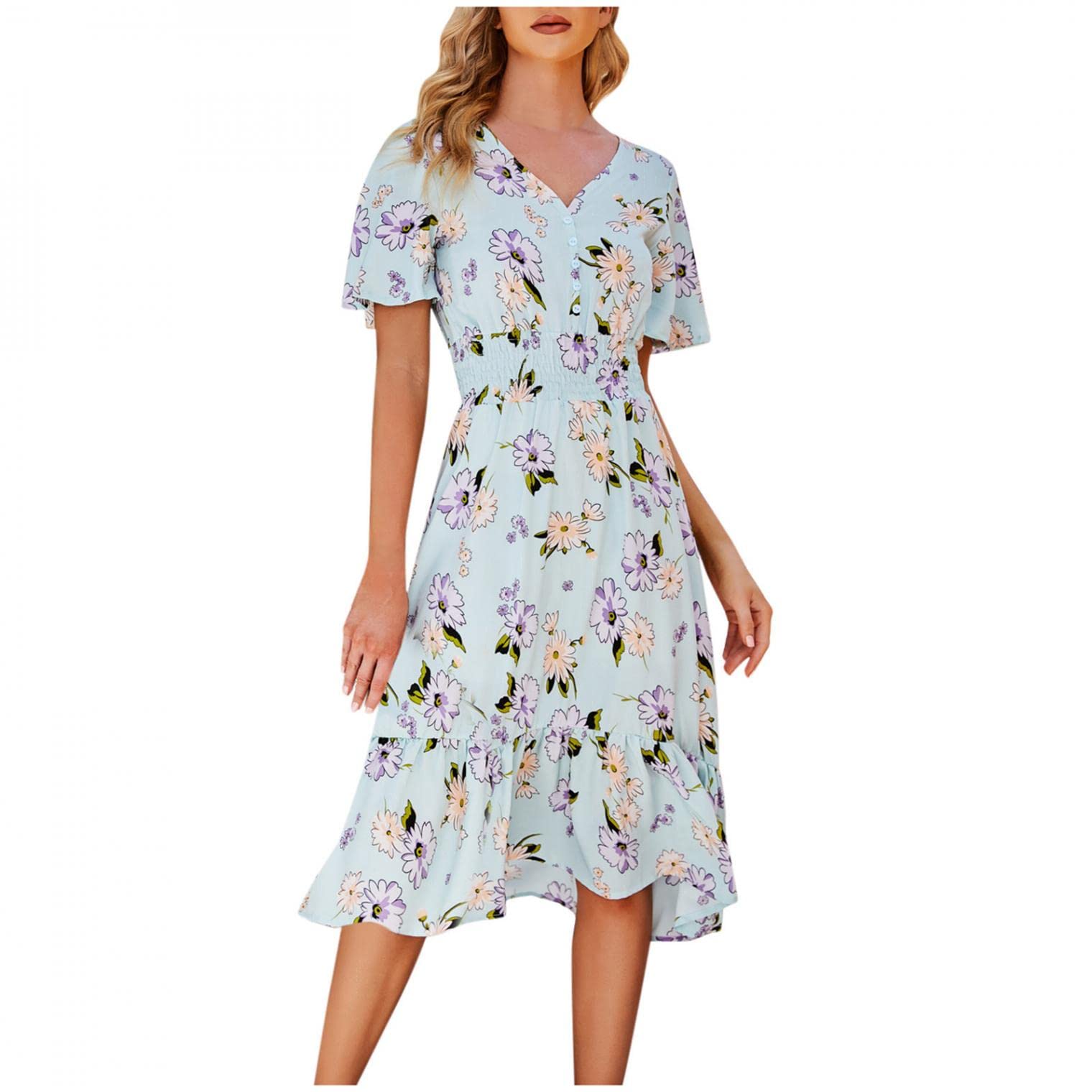 Women's Floral Tie Front Ruffle Mini Dress - V Neck Short Sleeve Party & Casual Flare Dress for Summer, Date Night, Beach Outings & Brunch
