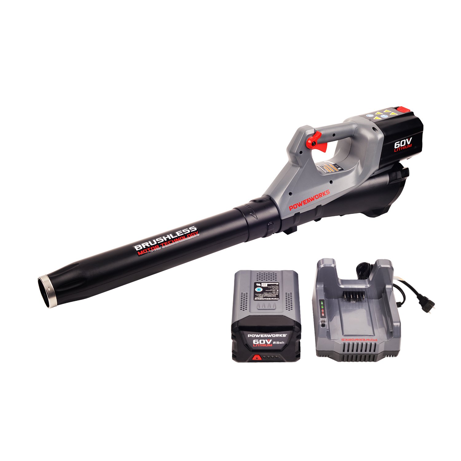 Powerworks 60V Brushless Cordless Leaf Blower - 125 MPH 450 CFM Variable Speed Electric Lawn Blower with 2.5Ah Battery & Charger (Black/Grey/Red) - Perfect for Yard Cleaning, Driveway Clearing & Fall Leaf Removal