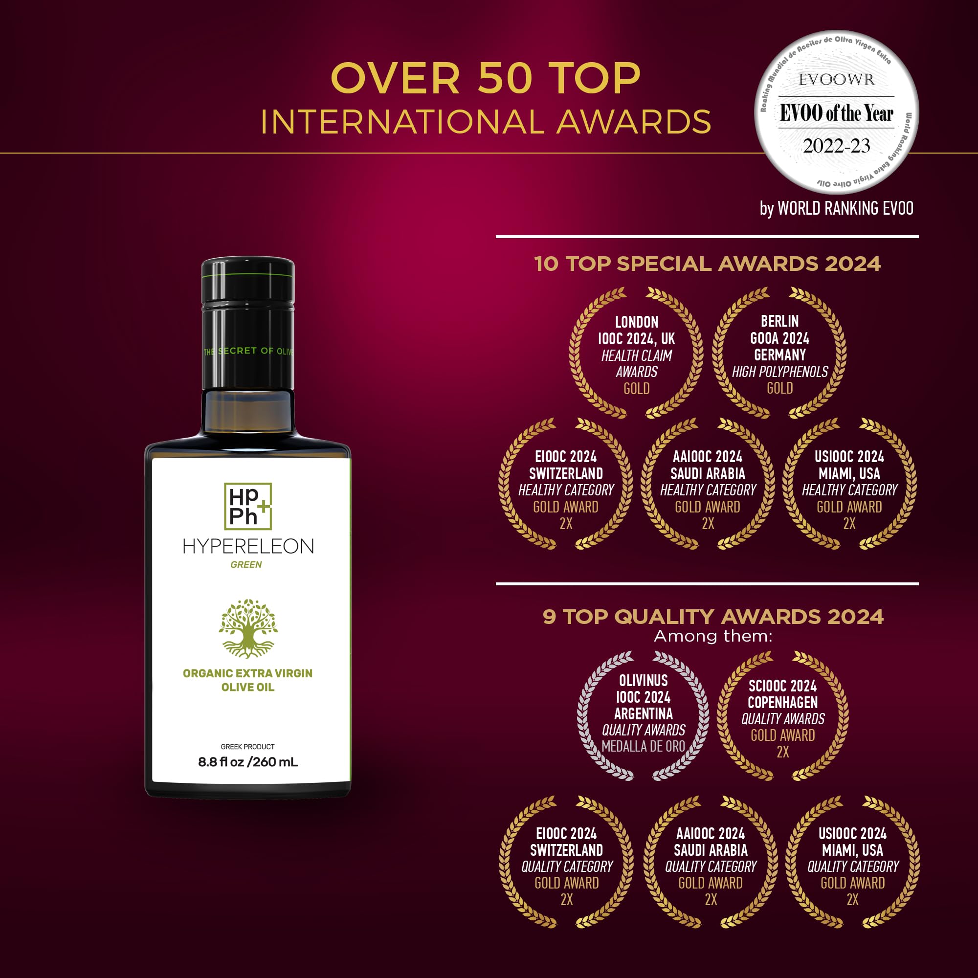 Premium Organic Greek Extra Virgin Olive Oil - 100% Pure, Unfiltered, High Phenolic - Award-Winning HYPERELEON GREEN (Pack of 3, 260ml) | Perfect for Salads, Cooking & Healthy Diets