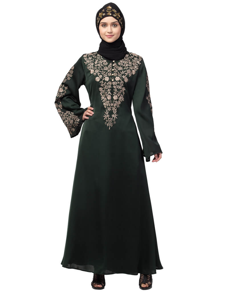 Elegant Arabic Embroidered Abaya Dress with Neck & Sleeve Resham Details - Green A-Line Party Wear for Women | Perfect for Weddings, Eid Celebrations & Special Occasions