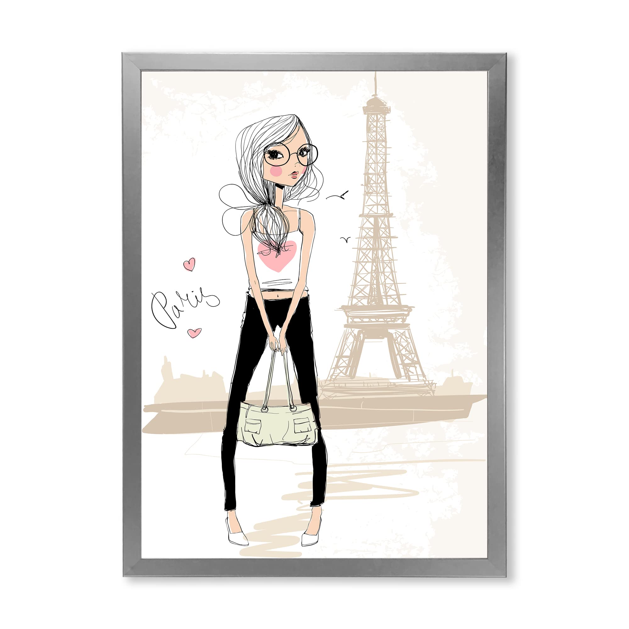 DesignQ Cute Girl by Eiffel Tower Paris - Children's Art Framed Wall Decor for Nursery, Bedroom & Playroom - Perfect Gift for Kids