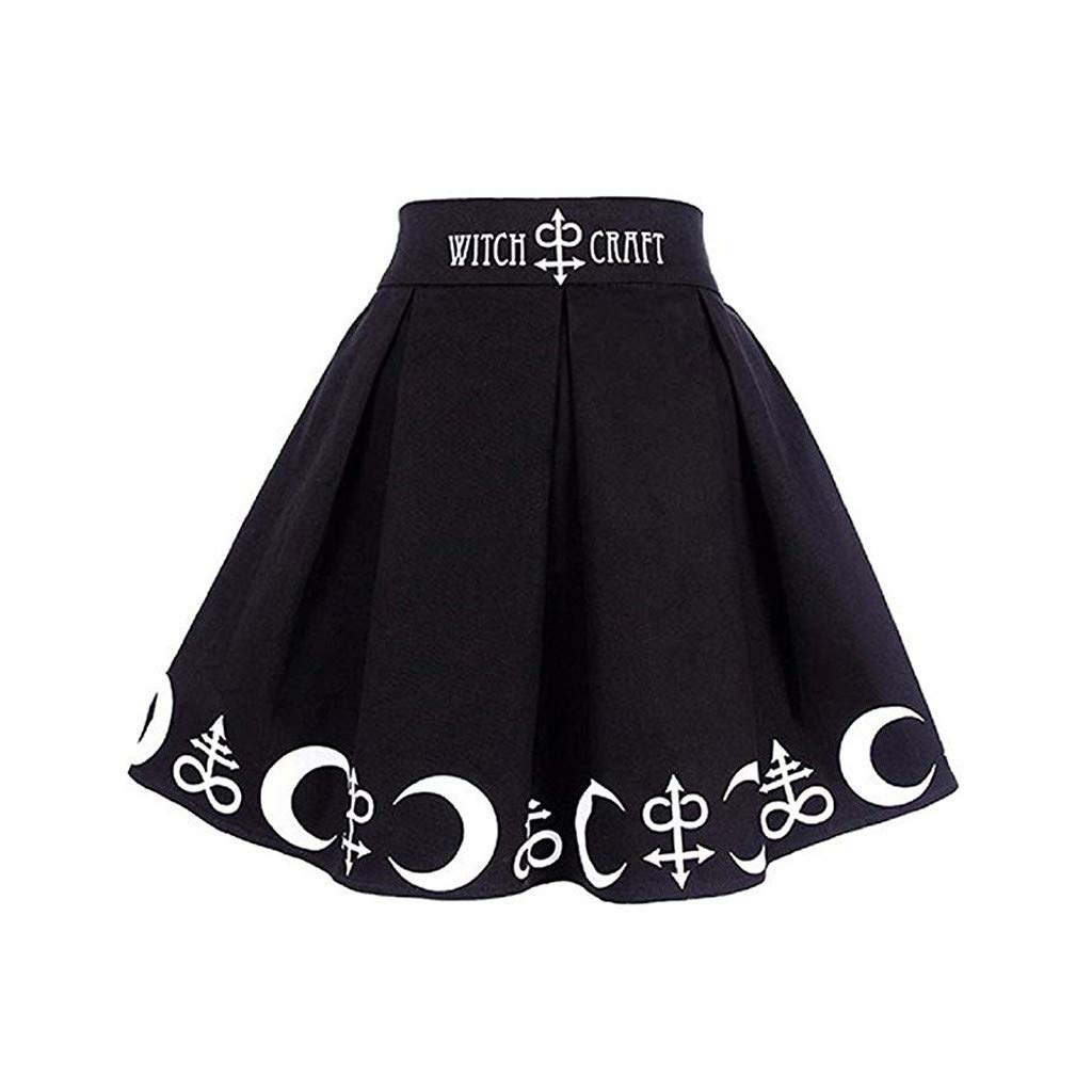 Gothic Punk Pleated Mini Skirt for Women - High Waist Leather Skirt with Witchcraft Moon & Magic Spell Symbols | Perfect for Halloween, Cosplay, Witch Parties & Alternative Fashion Outfits