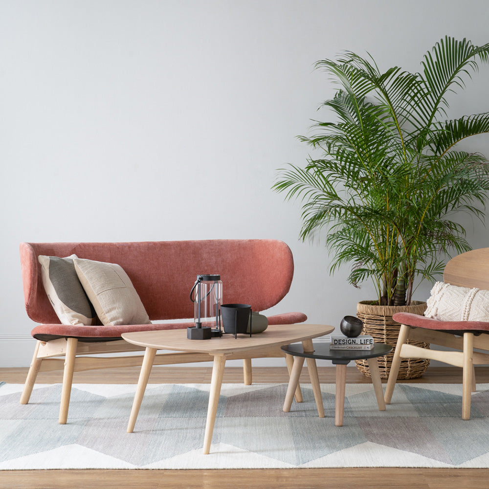 POLARA 2 Seater Lounge Chair - Modern Oak Wood Frame with Salmon Fabric - Perfect for Living Room, Patio or Office Relaxation