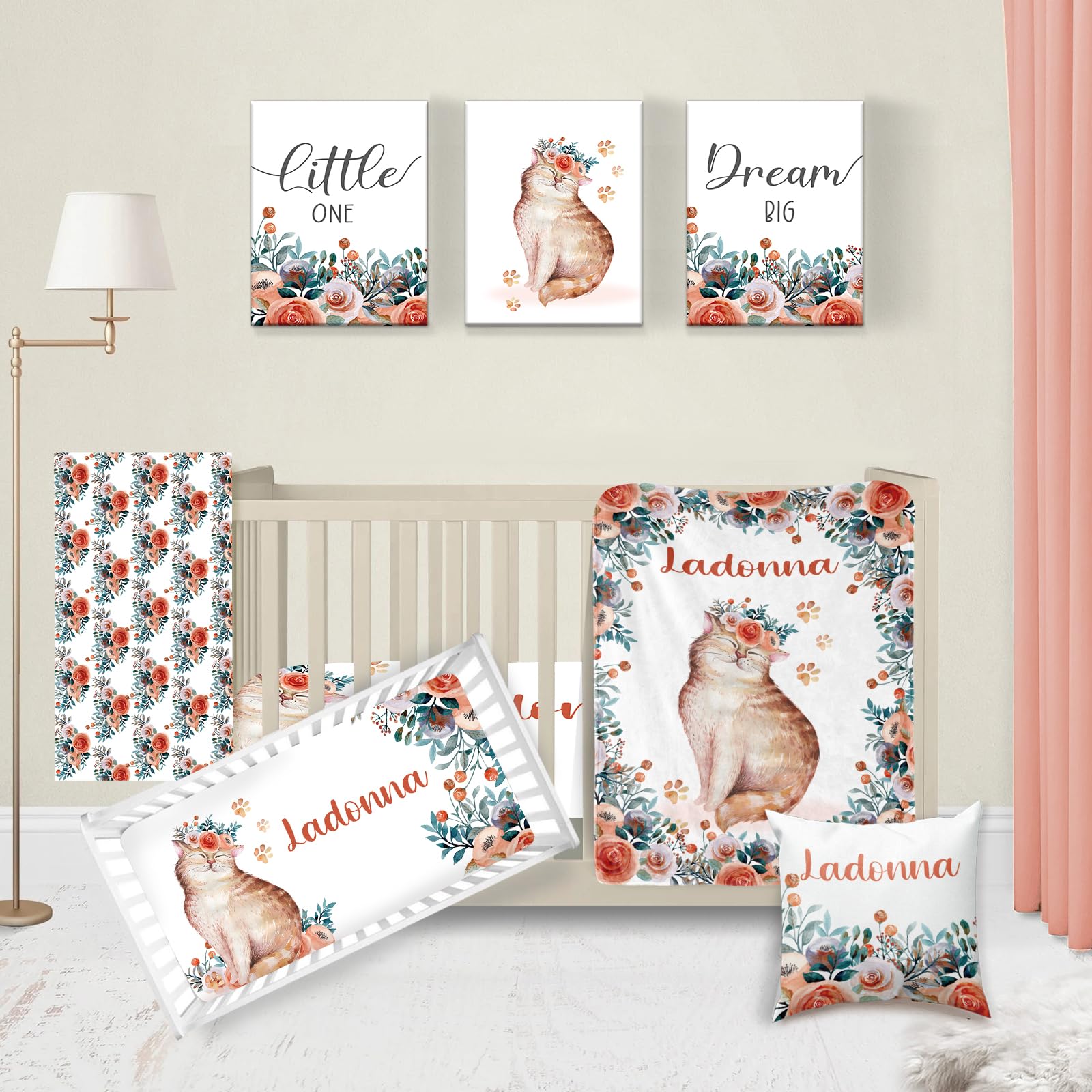 KAINSY Personalized Baby Crib Bedding Set for Girls - Custom Floral Cat Nursery Set with Name, 5-Piece Crib Sheets & Accessories | Soft & Safe Baby Bedding for Newborns & Toddlers | Perfect for Nursery Decor, Baby Showers & Gift Giving