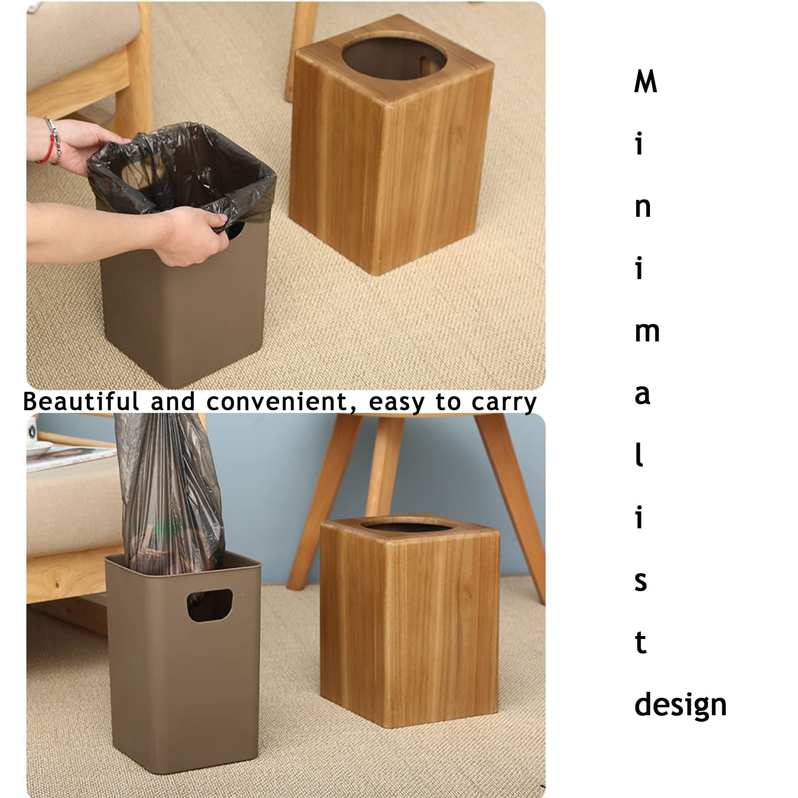 8L Teak Wooden Square Trash Can with Plastic Inner Liner - Stylish Kitchen Garbage Bin for Living Room, Office, Bathroom & Bedroom - Perfect Waste Basket for Home Storage and Organization