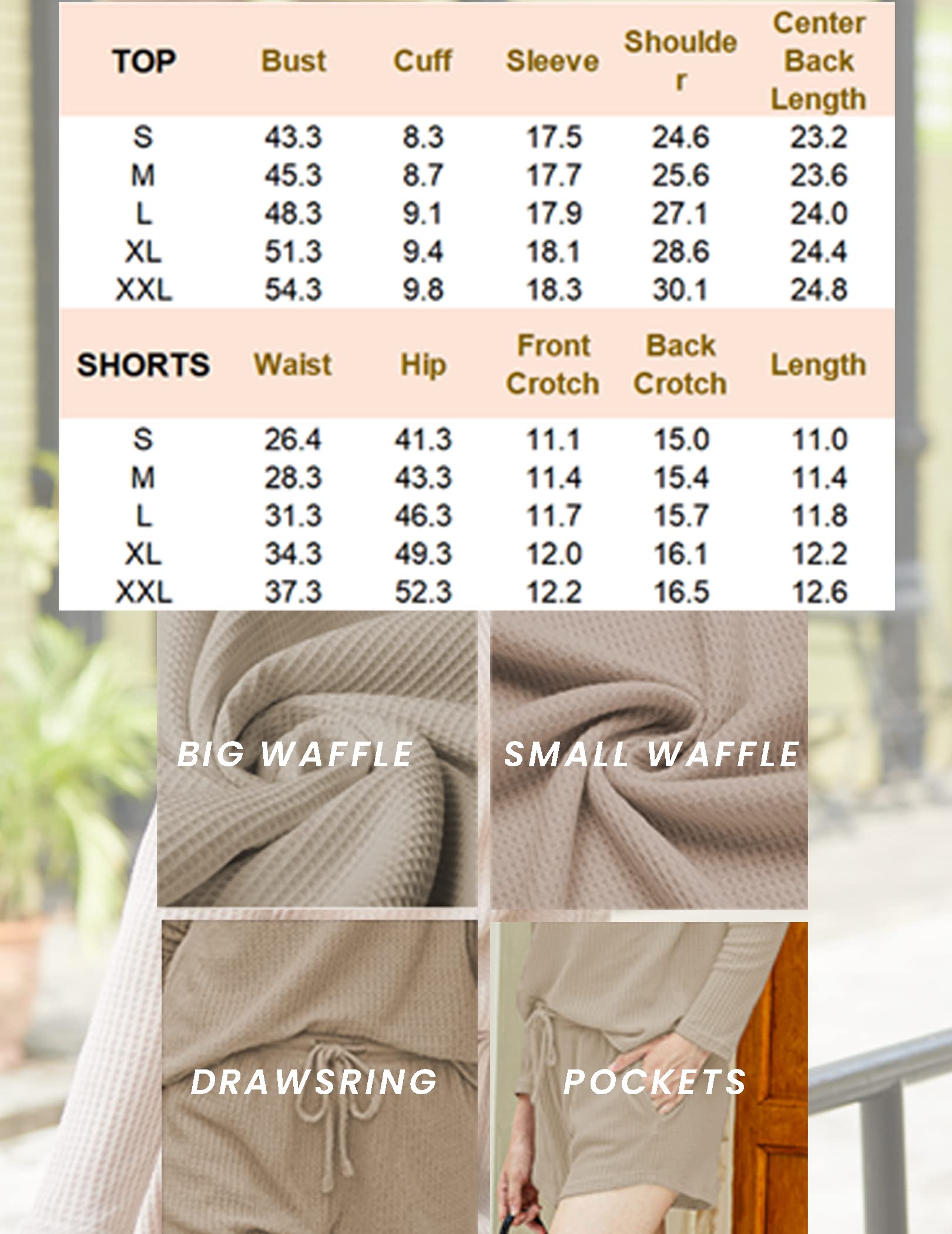 Ekouaer Women's Waffle Knit Pajama Set - Long Sleeve Top & Shorts Lounge Wear with Pockets | Soft Sleepwear & Cozy Loungewear for Home Relaxation & Nighttime Comfort