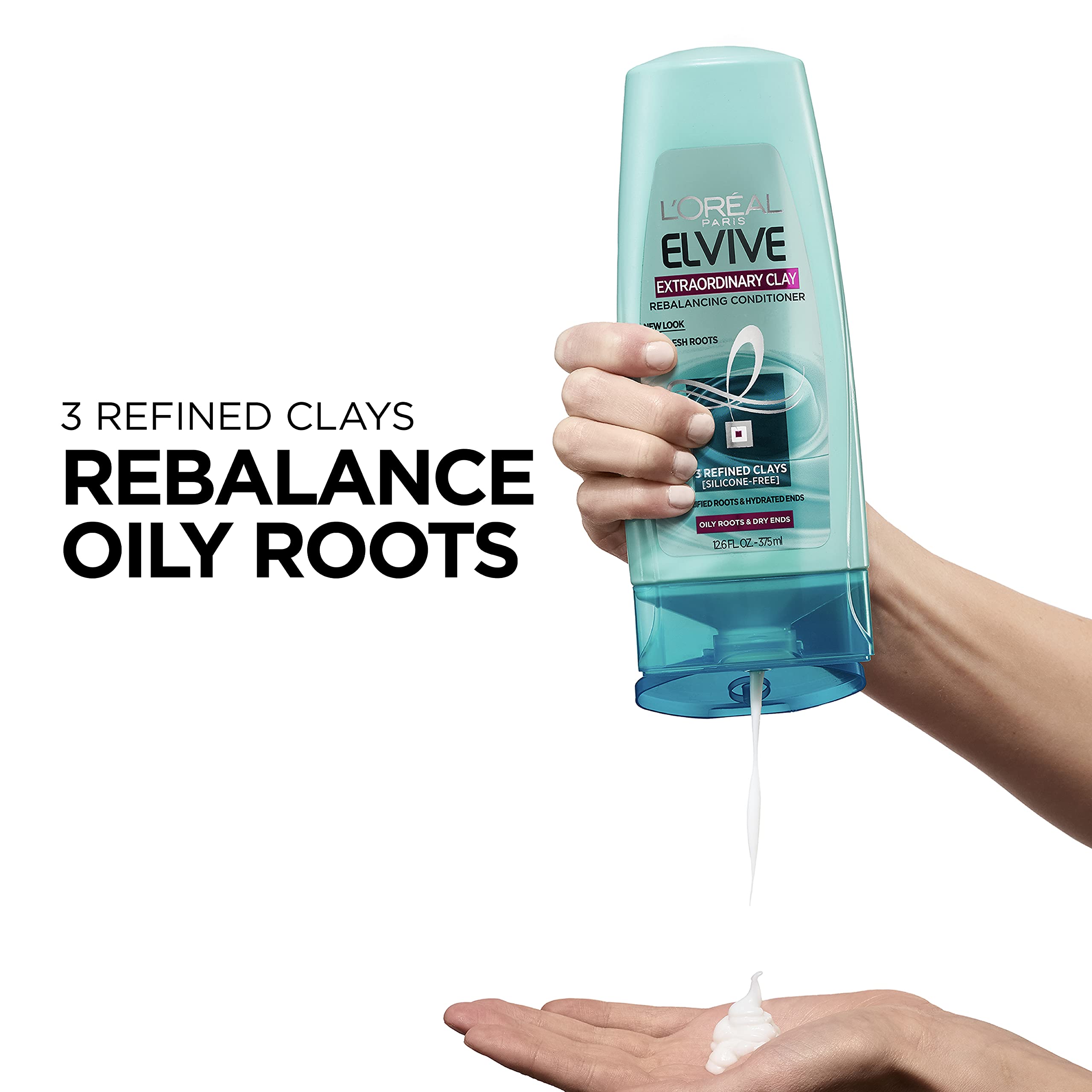 L'Oreal Paris Elvive Extraordinary Clay Rebalancing Conditioner for Oily Roots & Dry Ends - 12.6 fl oz Hydrating Hair Treatment (Packaging May Vary) | Perfect for Daily Use & Color-Treated Hair