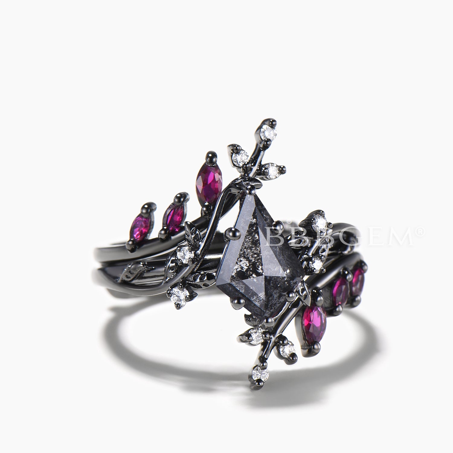 Nature Inspired Kite Cut Salt and Pepper Diamond Bridal Ring Set with Ruby Twig Band – Perfect for Boho Wedding, Engagement, and Vintage Style Jewelry Lovers