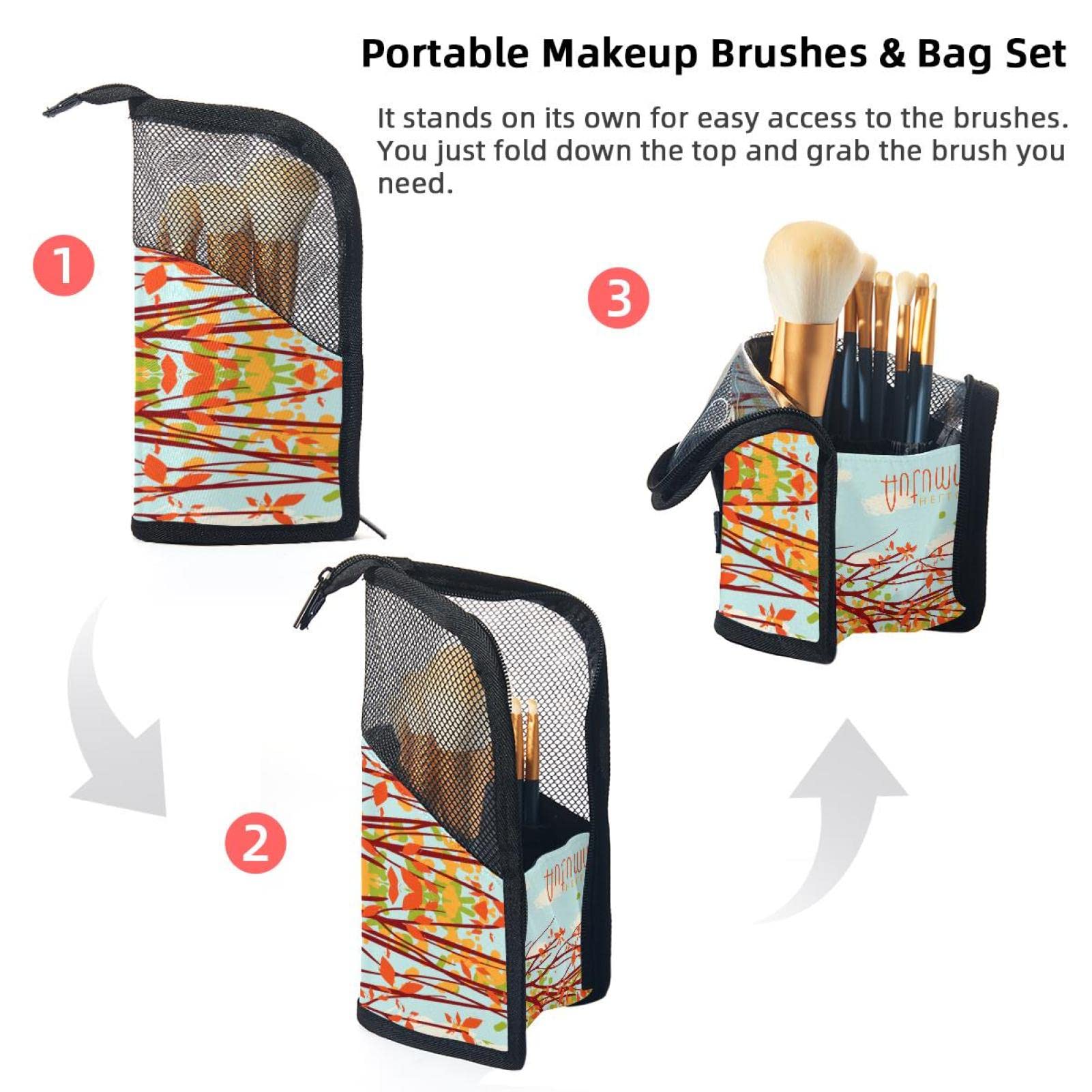 12-Piece Makeup Brush Organizer Bag with Autumn Leaves Design - Portable Travel Cosmetic Brush Holder Case for Professional & Home Use