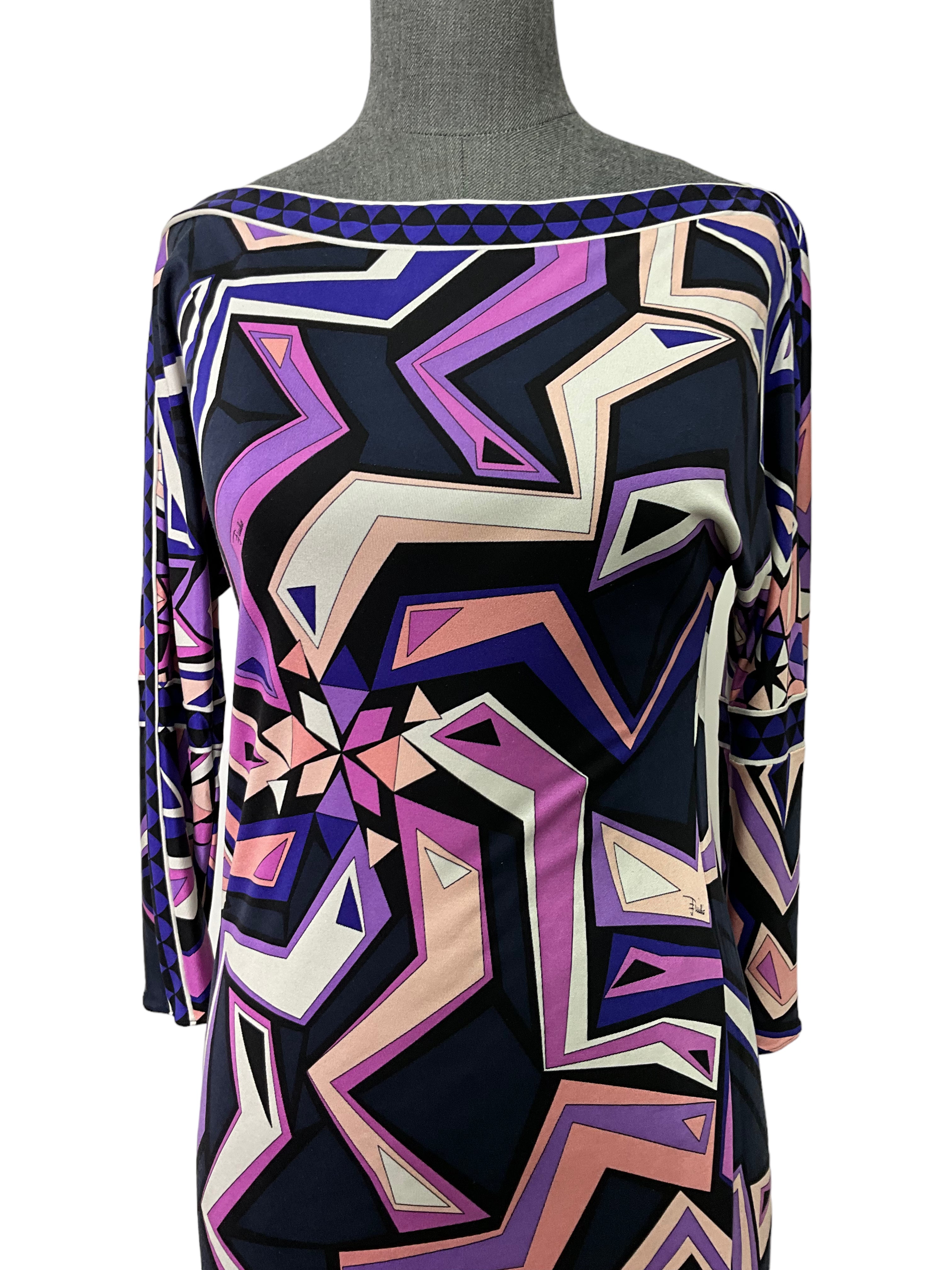Emilio Pucci Women's 3/4 Sleeve Belted Jersey Dress - Size S, Elegant Floral Print, Stretchy Comfort Fit - Perfect for Cocktail Parties, Date Nights & Special Occasions