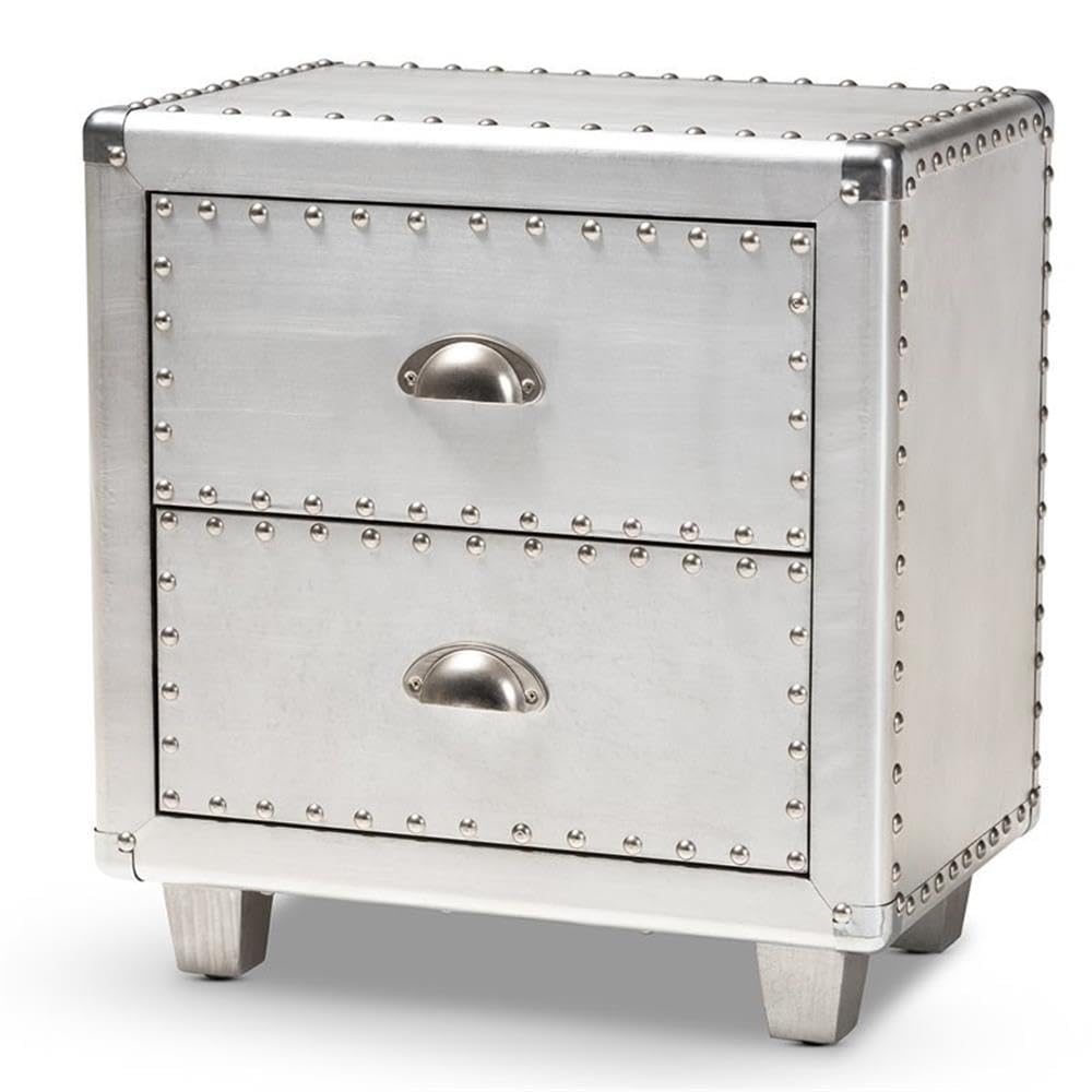 BOWERY HILL Modern 2-Drawer Silver Metal Nightstand - Sleek Bedside Table for Bedroom, Living Room & Office Storage