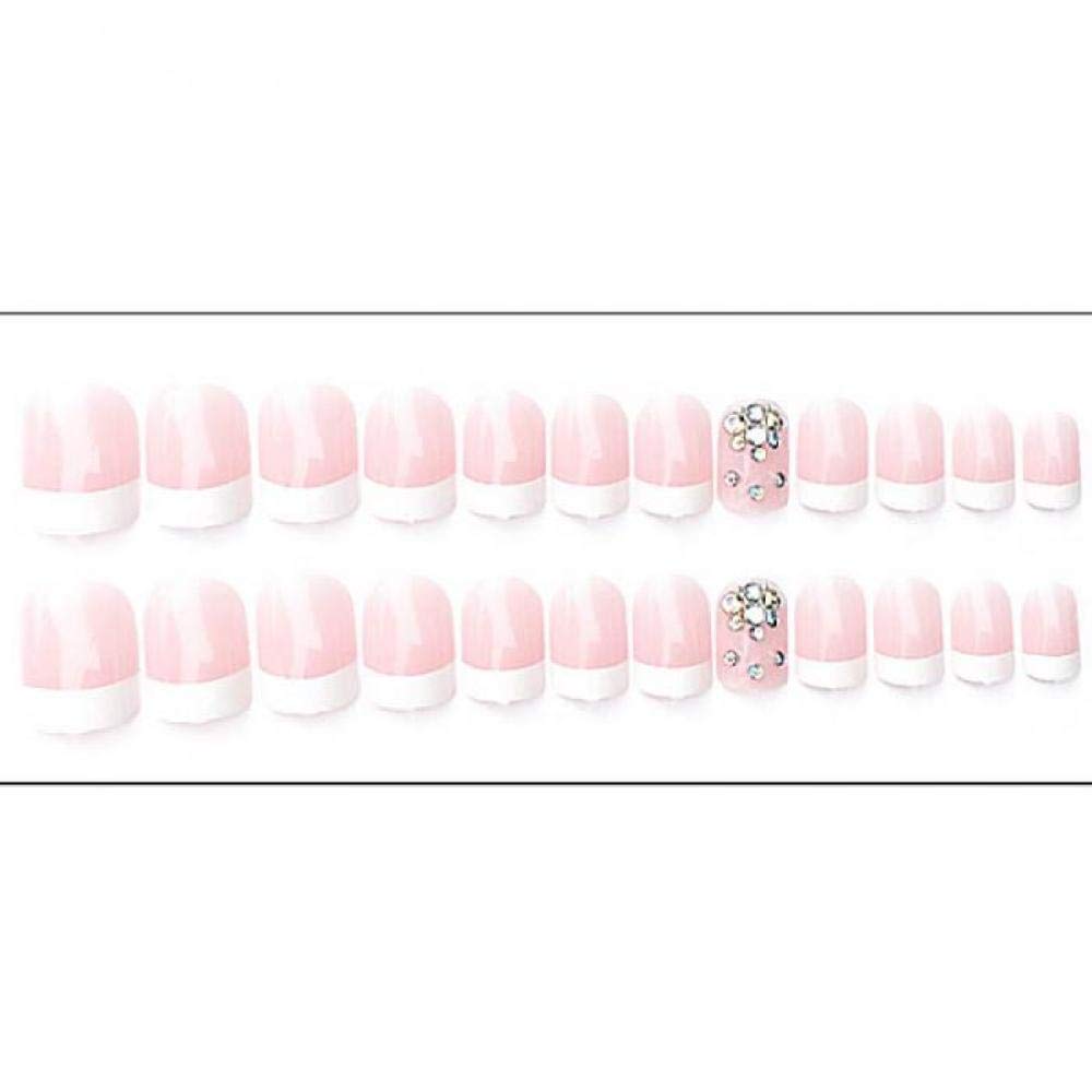 24PCS Short False Nails for Women - Pink French Tip Artificial Nails with Rhinestones | DIY Manicure Kit for Party, Wedding & Daily Wear