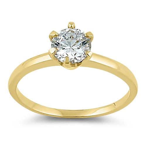 14K Yellow Gold Round 6mm Cubic Zirconia (CZ) Ring for Women - Elegant Clear Stone Engagement, Wedding, Anniversary Jewelry Gift