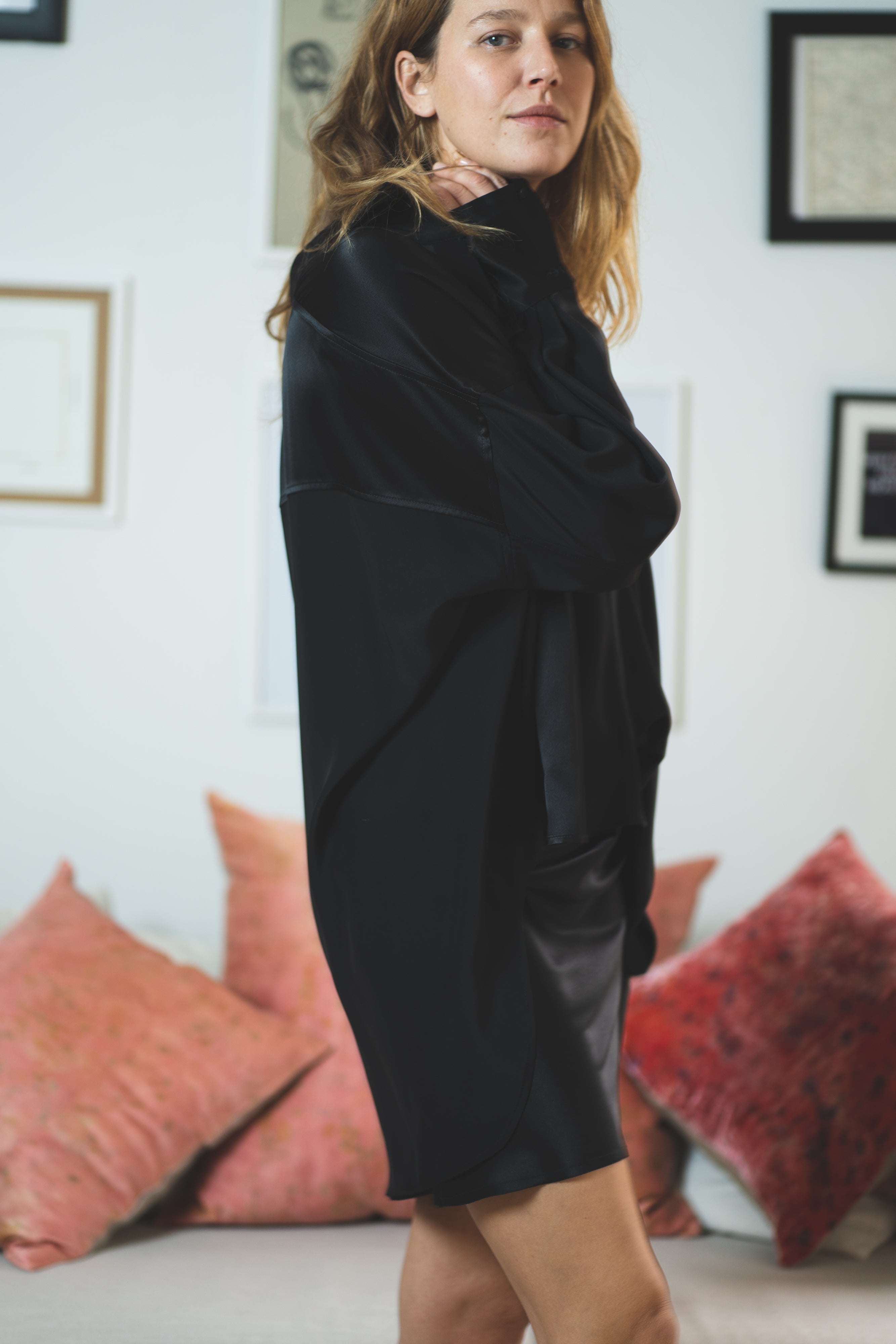 Oversized Button Down Silk Blend Shirt for Women - Black | Elegant & Comfortable Blouse for Work, Office, and Casual Outfits